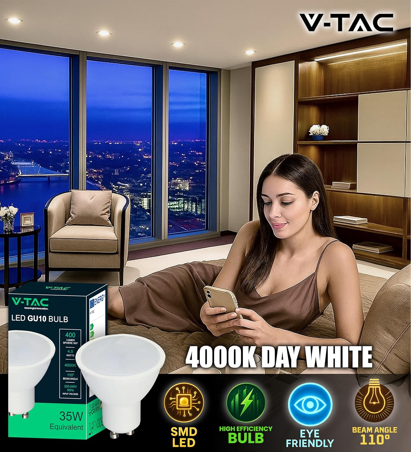 V-TAC 10 X GU10-4.5W LED Bulbs (35W Equivalent) - 400 Lumen - GU10 LED Spot Light for Maximum Efficiency and Energy Saving - Neutral White 4000K image number 5