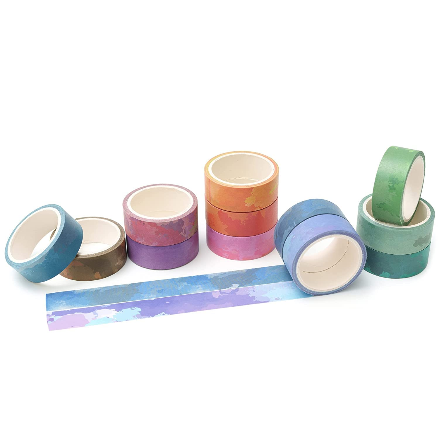 YUBX Watercolors Washi Tape Set 12 Rolls Pastel Colors Masking Macaron Graphic Decorative Tapes for Arts, DIY Crafts, Journals, Planners, Scrapbook, Wrapping image number 6