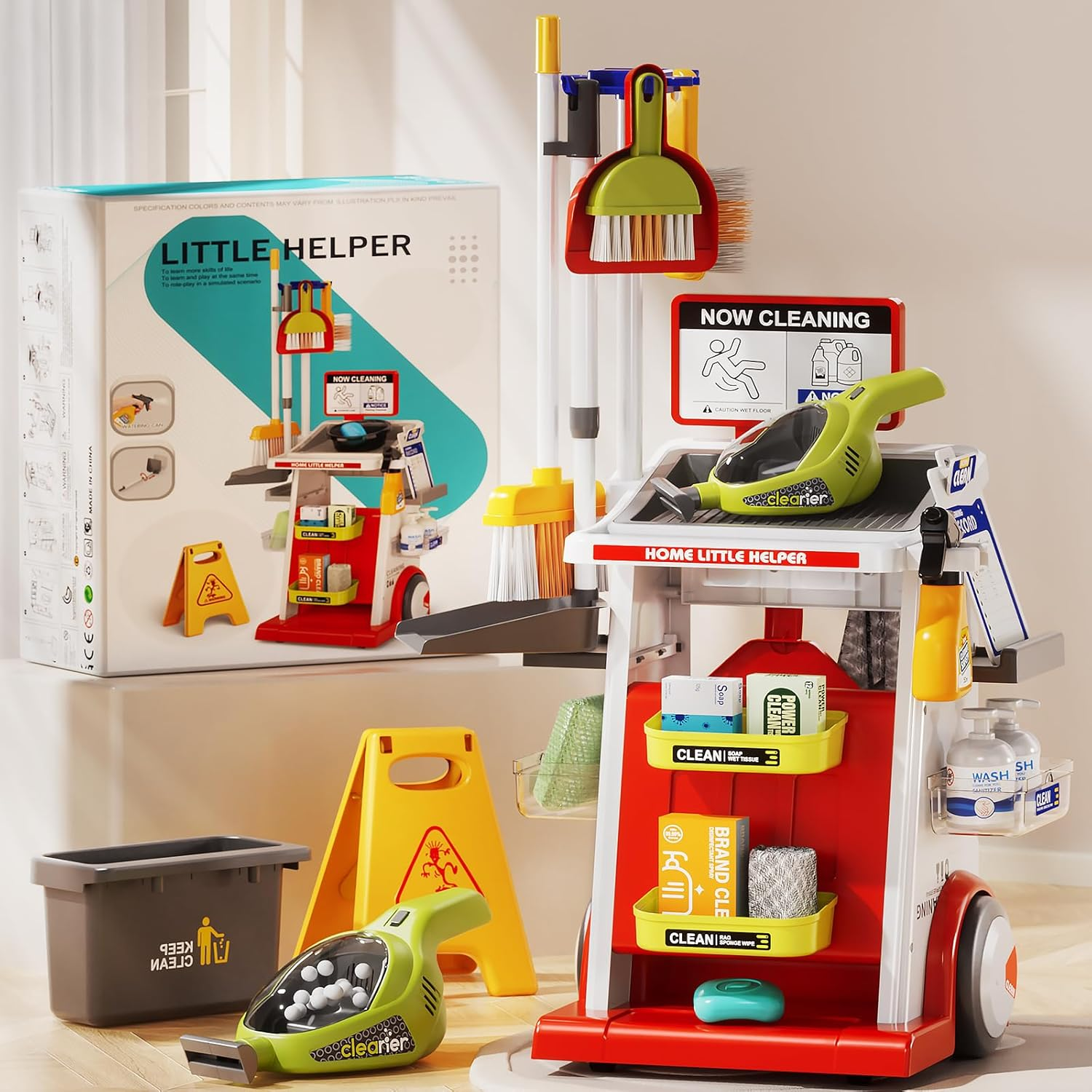 Kids Cleaning Set for Toddlers, 22 Pcs Cleaning Toys Includes Real Working Vacuum Cleaner, Broom, Spray Bottle and More (Red)