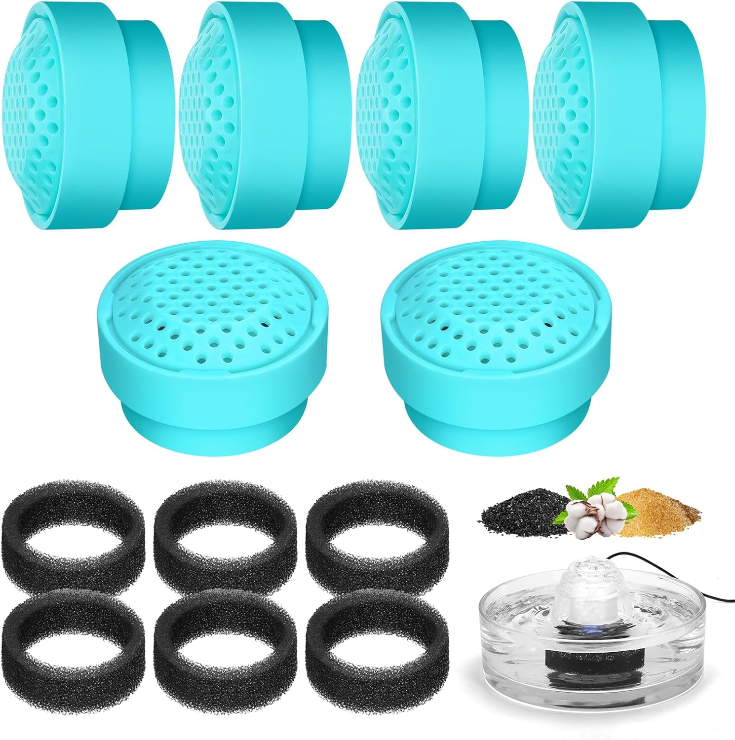 Vindox Cat Fountain Filter, Replacement Filter for 2.7 L Drinking Fountain for Cat Glass, Activated Carbon Ion Exchange Resin Filter (6 Replacement Filters + 6 Filter Sponges) image number 1