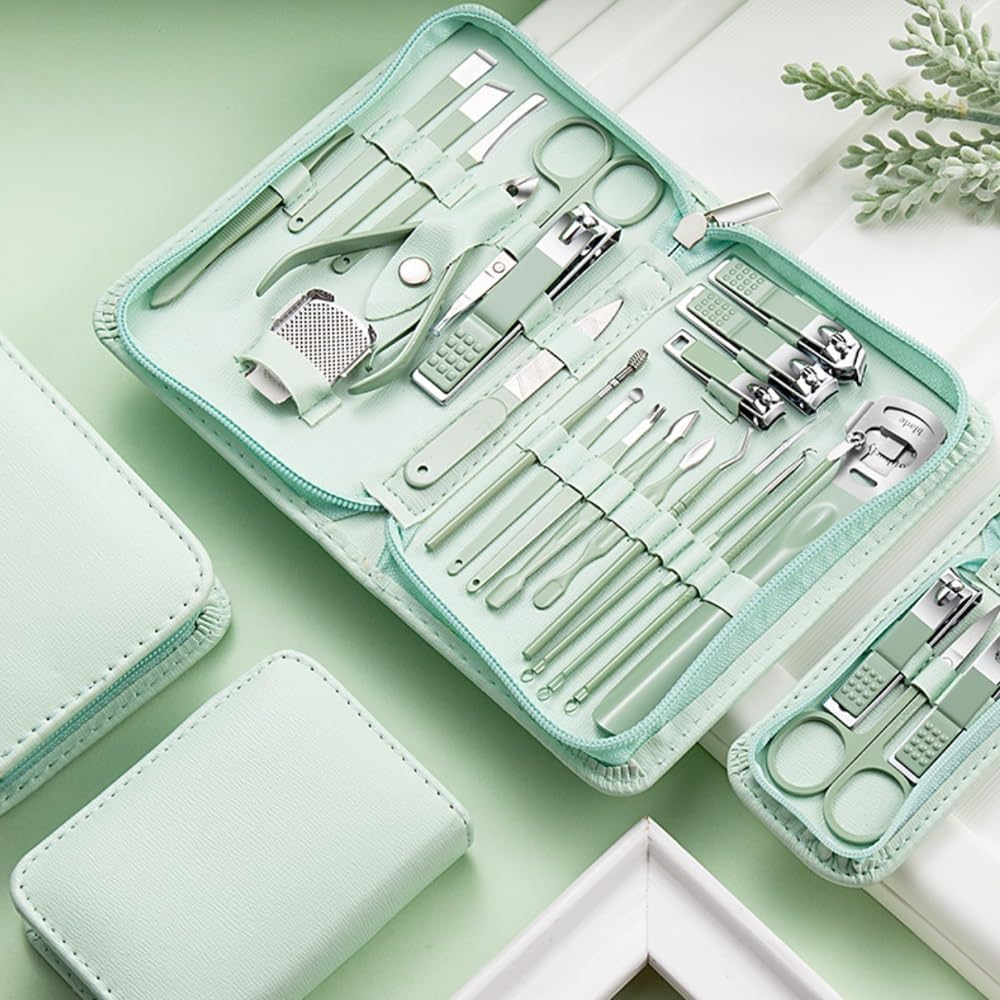 Manicure Pedicure Kit 35 in 1 Stainless Steel Nail Clippers Travel Essentials Portable Nail Care Set with Zippered Case（Green） image number 1