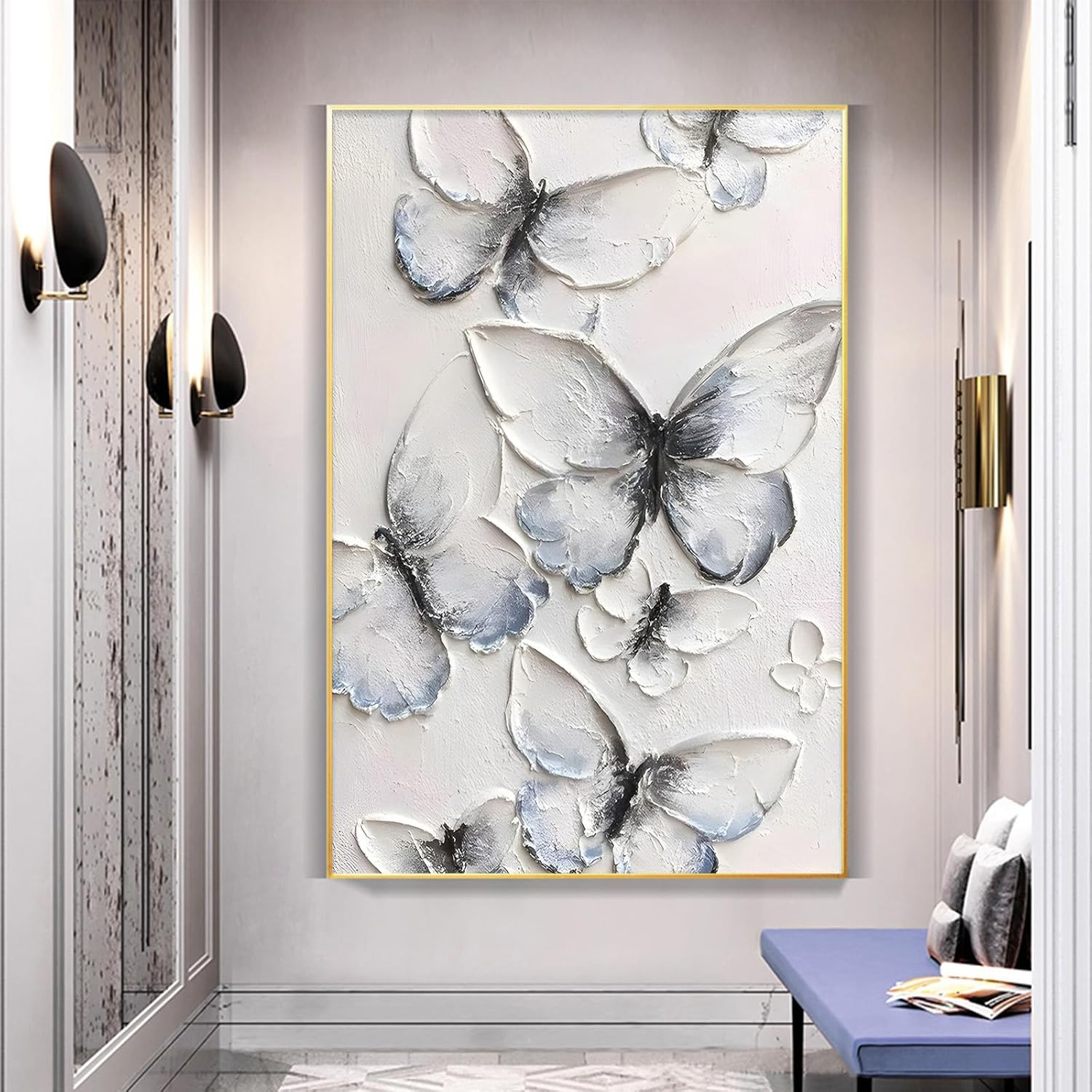 Blue Butterfly Canvas Wall Art Abstract Texture Painting White Butterfly Picture Black Texture Poster Modern Butterfly Canvas Modern Texture Prints Abstract Butterfly Artwork Decor 16X24Inch No Frame