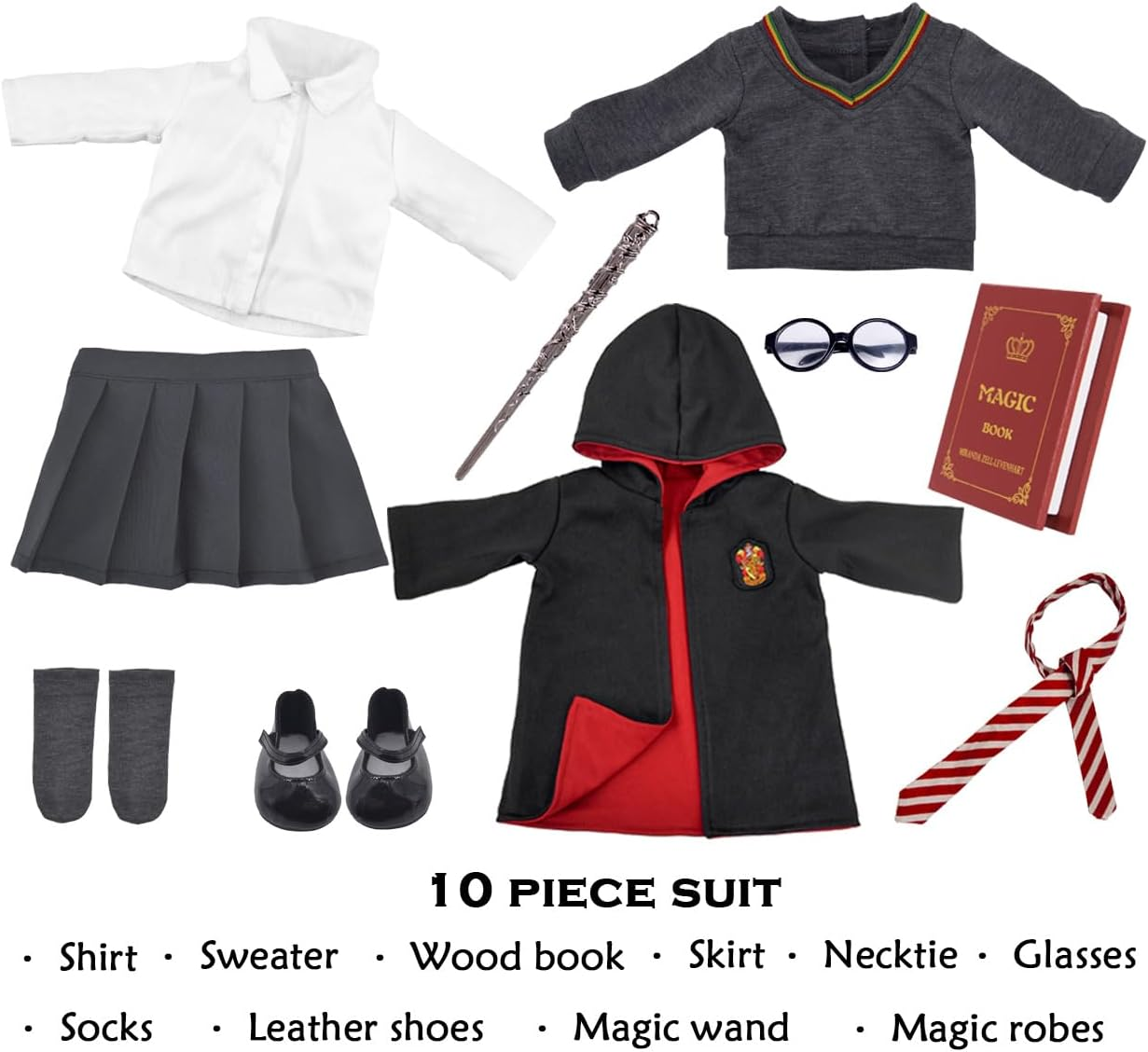 Ebuddy 10Pc/Set Hermione Inspired Doll Clothes Outfits for 18 Inch American Girl Dolls Includes Shirt, Skirt, Sweater, Tie, Socks, Robe, Magic Wind, Imitate Book and Shoes Glasses - Set-2 image number 3