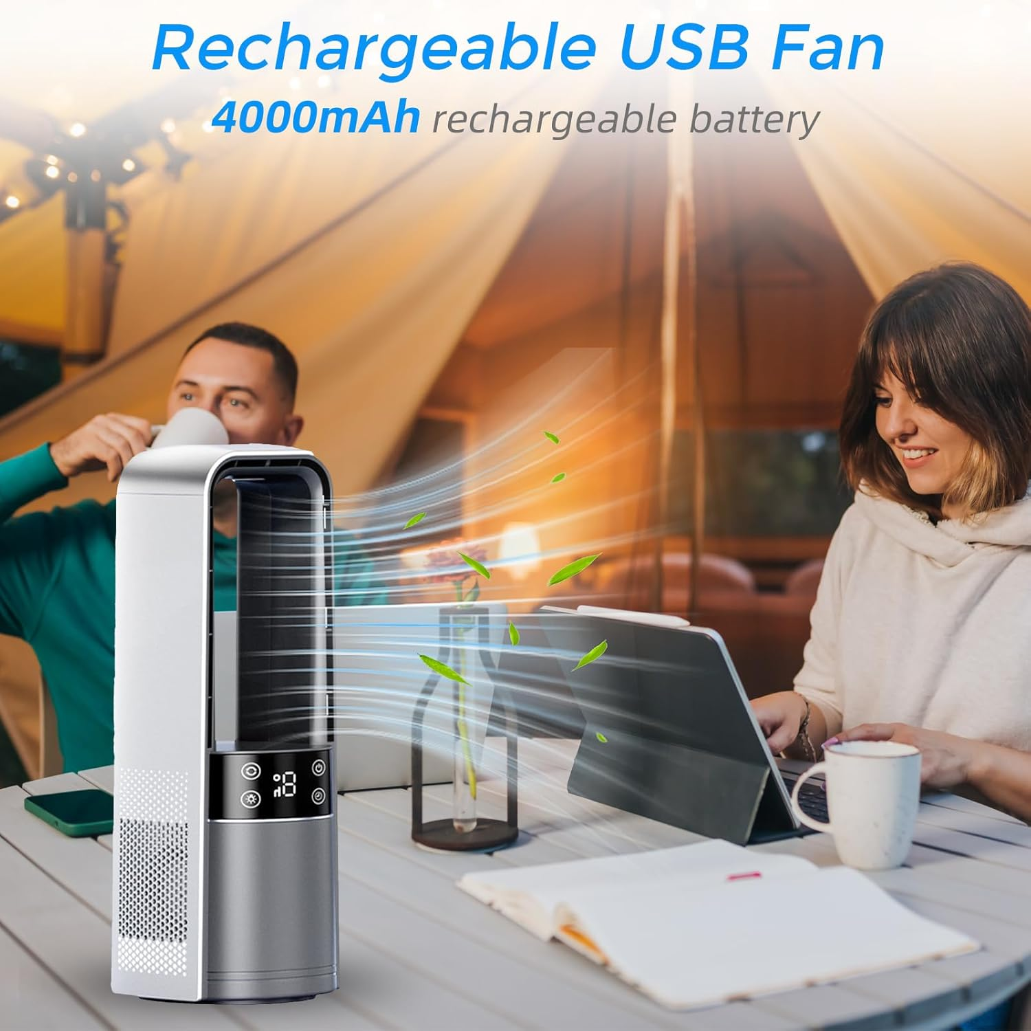 Desk Fan Bladeless, 120&deg; Oscillating Fan Rechargeable, Quiet Fan with Night Light, Smart LED Touch Control, 4 Speed & 9H Timer, Small Table Fan, Auto Display Off, Ideal for Bedside, Office, Study Room image number 5