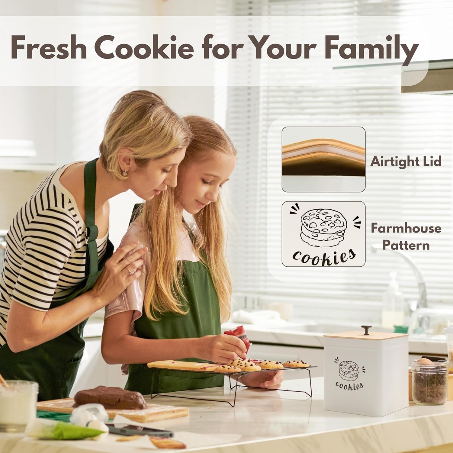 PERFNIQUE 3.5L Cookie Jar with Lid Airtight, Cookie Tin with Bamboo Lid, Cute Cookie Jars for Kitchen Counter Decorative, Food Storage Container for Candy, Cookies, Dessert, Farmhouse Home Decor - White image number 4