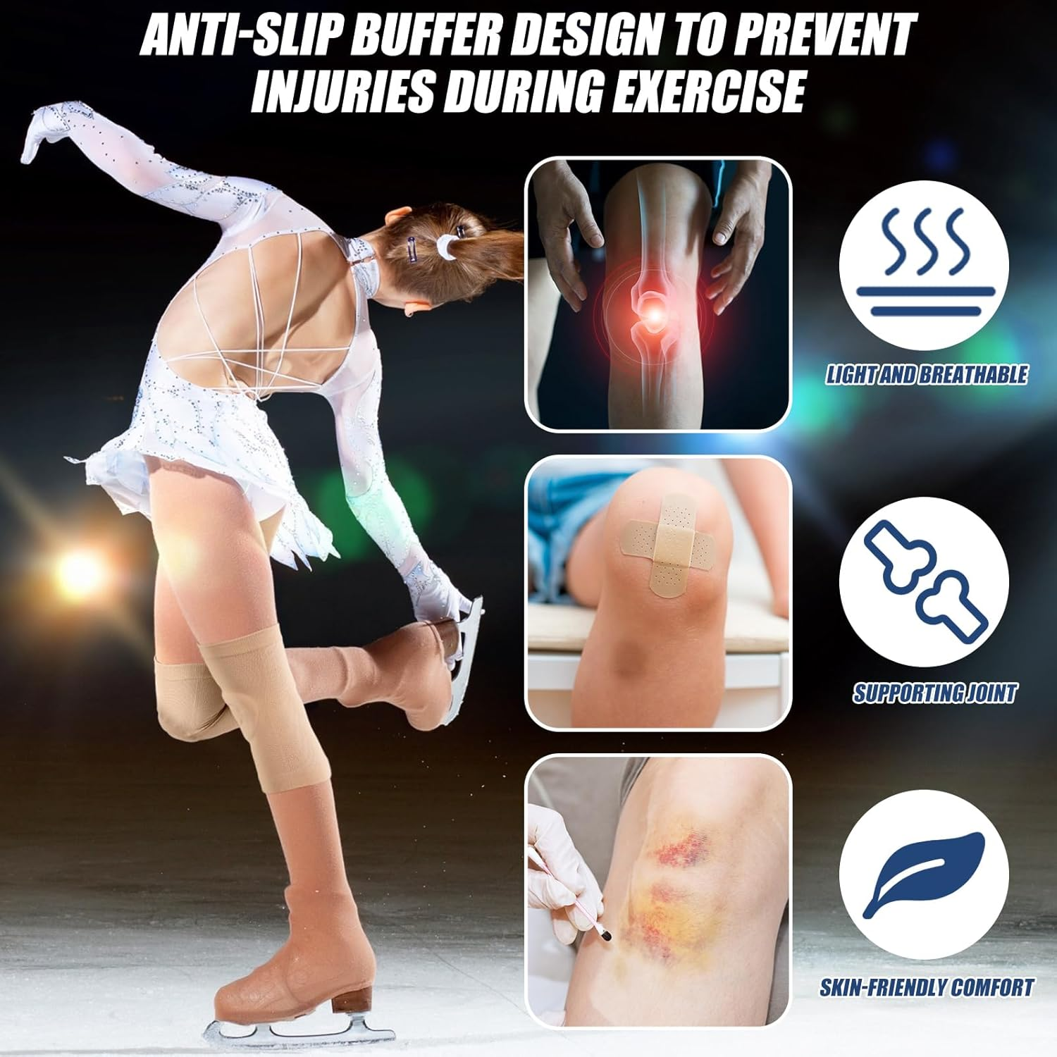 Shappy 2 Pair Figure Ice Skating Knee Pads Gel Dance Knee Pads Cushion and Support Breathable Material for Dancing Skating Women Girl Men(Large,Beige and Black) image number 5