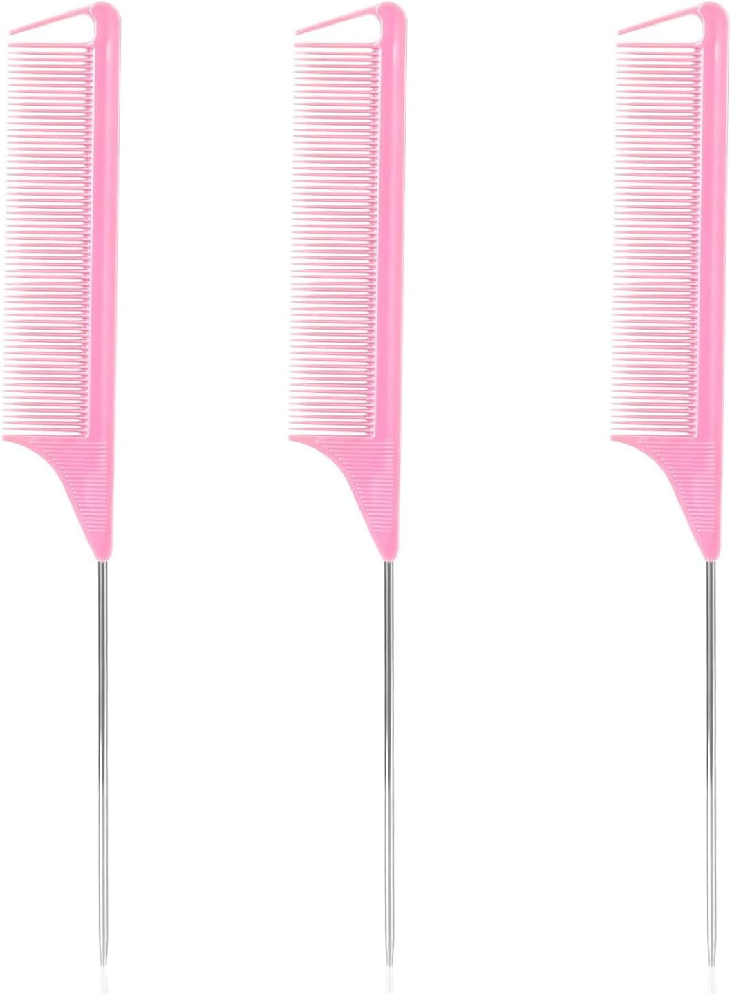 Hroevc 3PCS Rat Tail Combs, Parting Combs for Braiding Hair Women/Wen, Metal Fine Tooth Combs for Highlighting and Parting(Purple, Black, Pink)