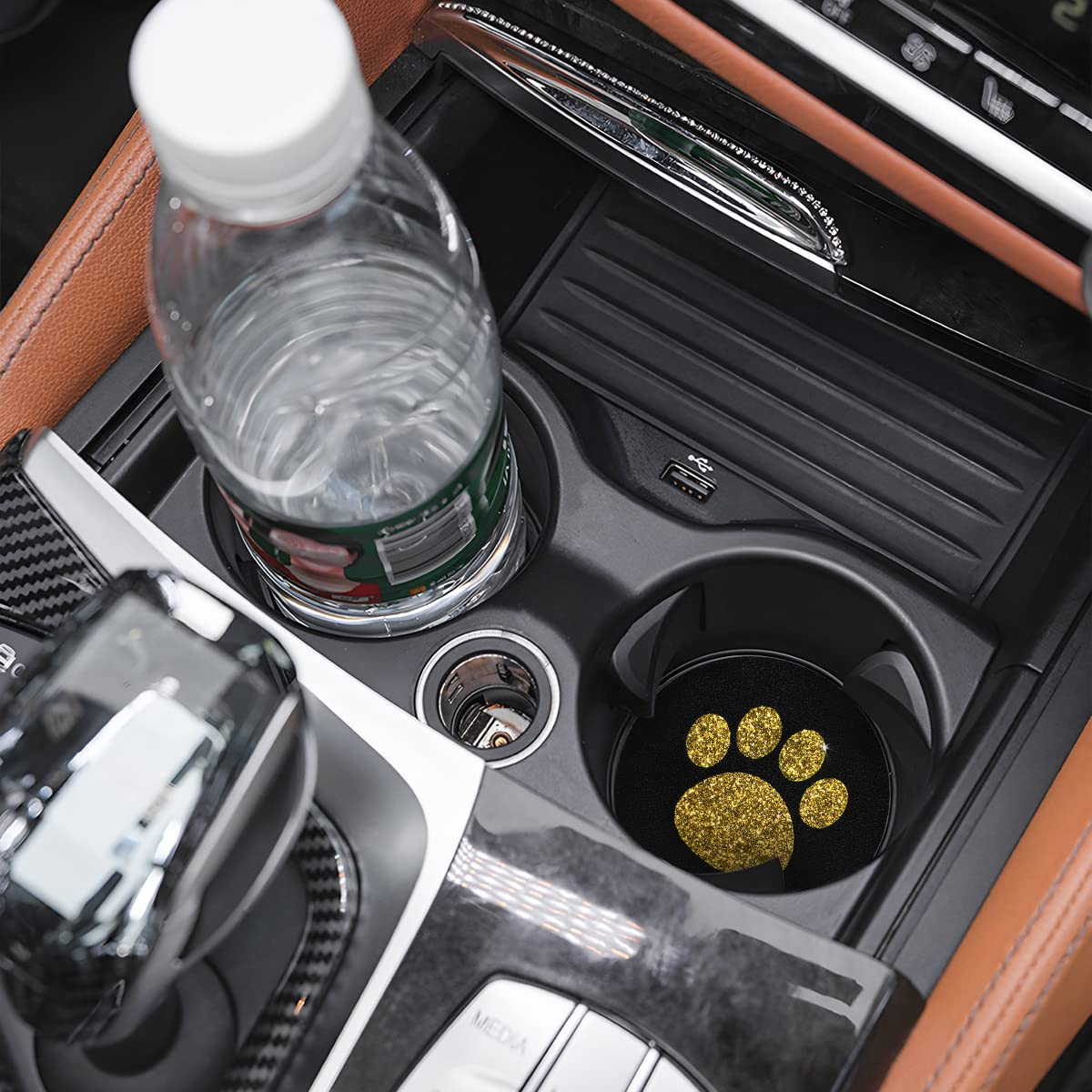 AUCELI 2 Pack Car Cup Holder Coasters, 2.75In Bling Glitter Rhinestone Paw Print Cup Coaster, Rubber Non-Slip Insert Auto Drink Mat, Universal Car Interior Accessories for SUV, Truck, RV (Golden) image number 4