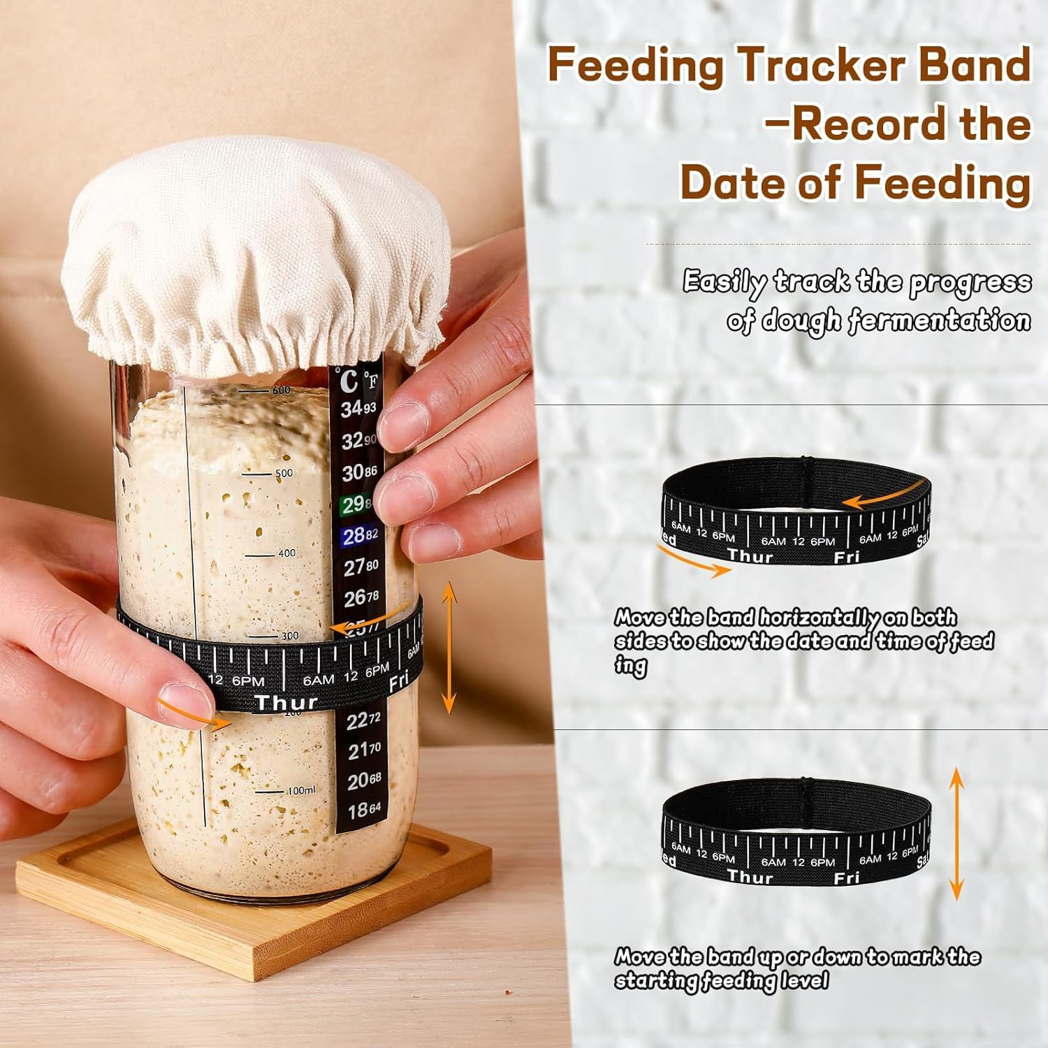 ZDZX 24Oz Sourdough Starter Kit with Date Marked Band - Includes Glass Jar, Thermometer, Silicone Scraper, Cloth Cover & Metal Lid - Baking Supplies for Homemade Sourdough, Family & Beginners image number 3