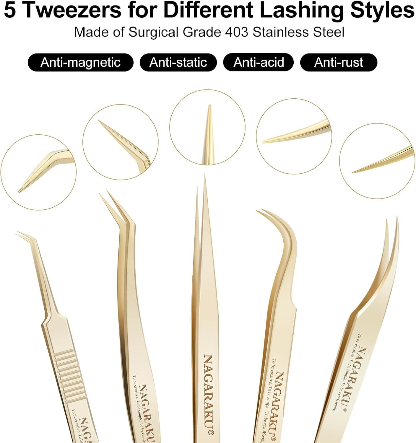 NAGARAKU 5 PCS Tweezers for Eyelash Extensions Straight and Curved Precision Professional Volume Easy Fanning Lash Precise Point Lash Tweezers with Storage Case Bag image number 5