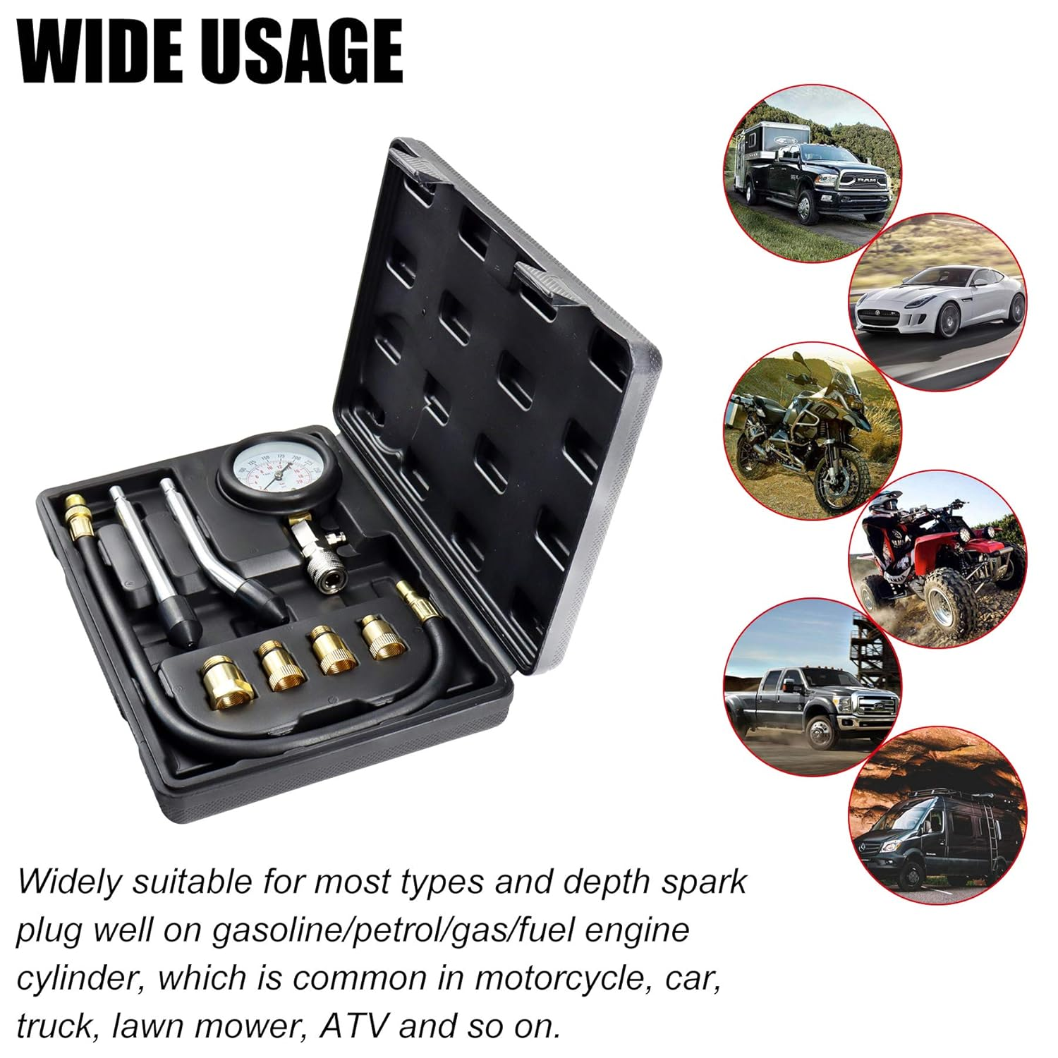 JIFETOR Compression Tester Kit, Engine Cylinder Test Tool 8PCS Set with Pressure Gauge Adapters, Testing Small Gas Petrol Engine on Automotive Motorcycle Auto Outboard Snowmobile ATV Aircraft Chainsaw