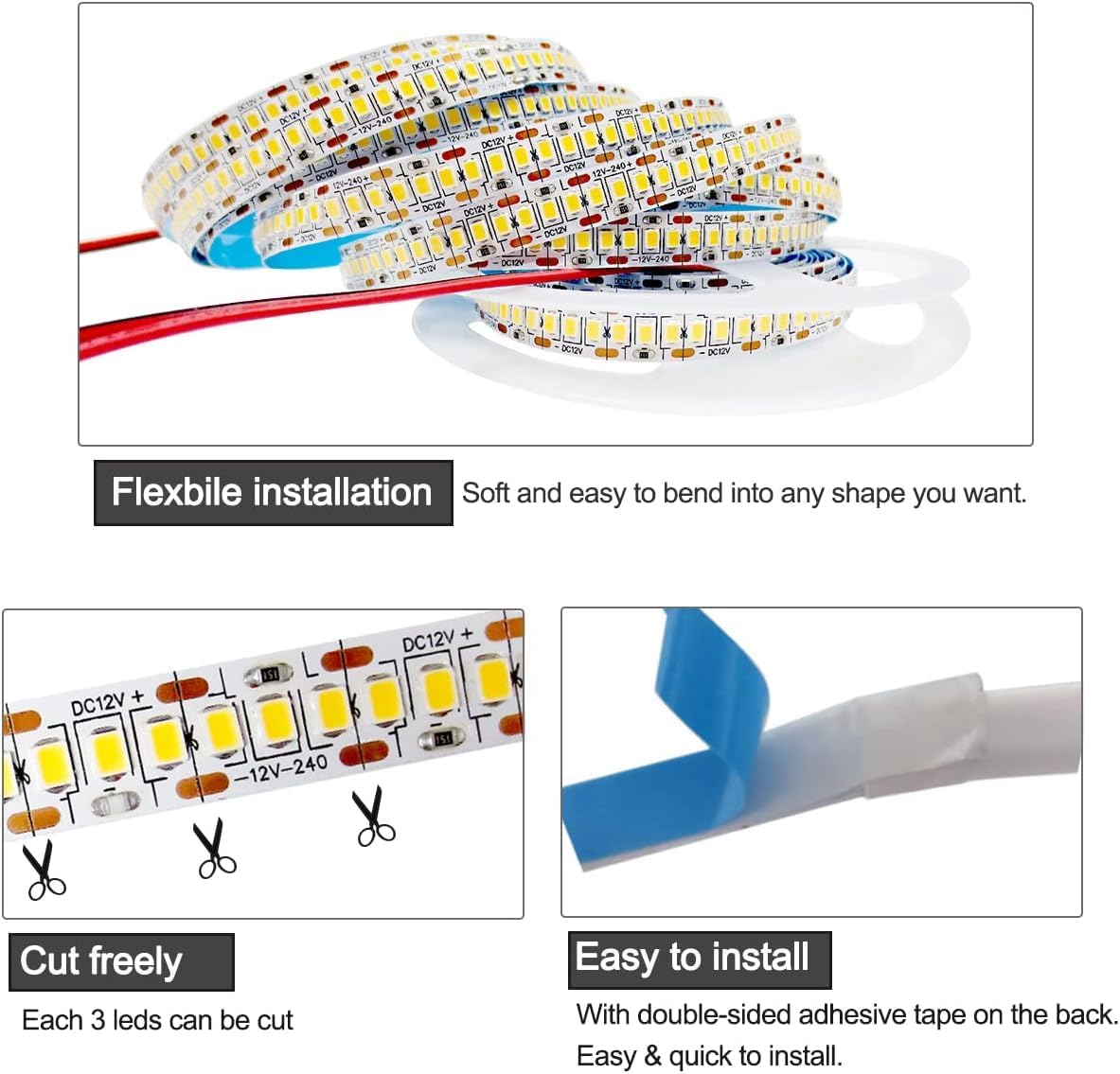 Tyun 12 V LED Strip Light, 1200 Leds, Warm White, 3000 K, 5 Metre Strip, Flexible Strip Light, SMD 2835 IP20 Strip Light for Garden, Bedroom, Kitchen Decoration - 24 V Natural White 4000 K image number 3