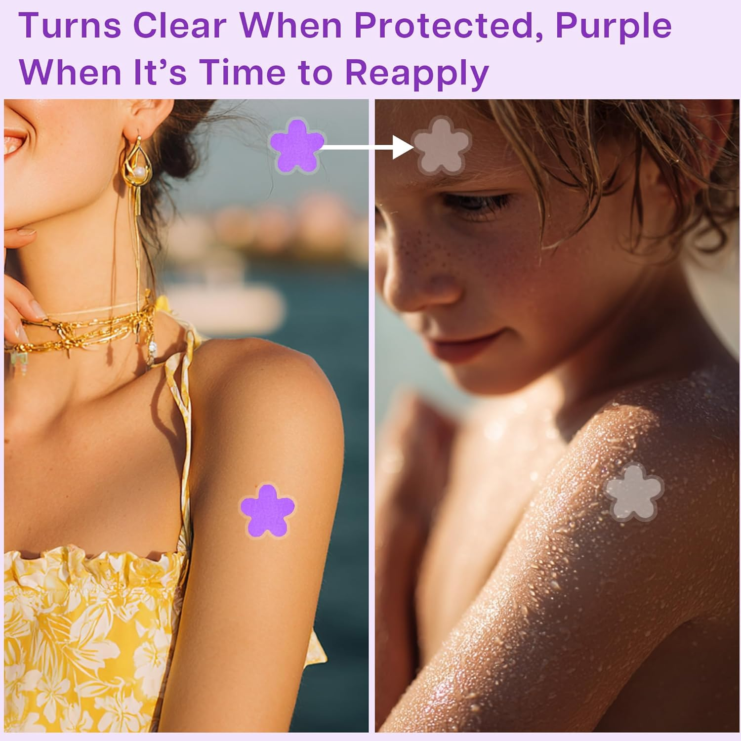 36PCS UV Detector Temporary Tattoos - Color Changing Sunscreen Reminder, Purple UV Stickers Waterproof, Skin-Friendly, Ideal for Beach, Hiking, Camping & Outdoor Sun Protection image number 2