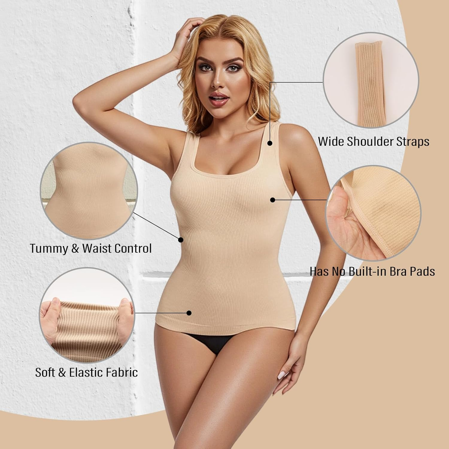 Compression Tank Top Women, Seamless Square Neck Tummy Control Camisole Top, Ribbed Body Shaper Camisole Slim Fit Workout image number 4