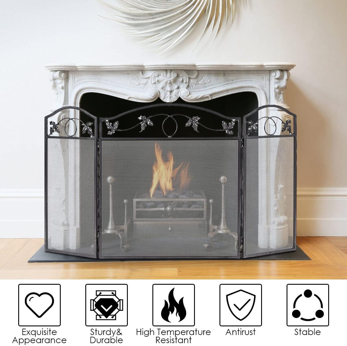 Giantex 3-Panel Fireplace Screen Pet Safety Fence Fireplace Fence, Sturdy Steel Frame, 3 Panel Foldable Fireplace Screen Folding Spark Fire Guard Steel image number 1