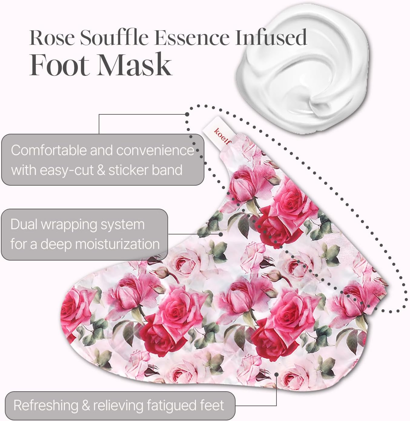 Koelf PETITFEE Rose Petal Satin Foot Mask (5Pairs) - Intensive Nourishing Socks, Rose Scented Foot Repair Masks with Peptide, Collagen, Shea Butter, Urea for Silky Smooth Feet, Foot Treatment, Body Mask image number 4