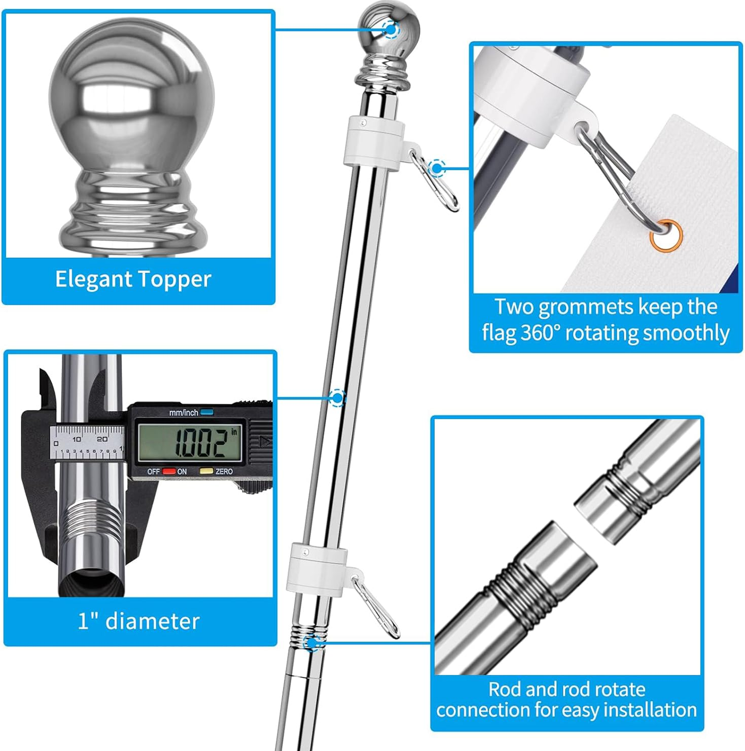 ZMTECH Flag Pole - Upgraded Bracket, 6 FT Stainless Steel Flag Poles for outside House, Residential or Commerical, Tangle Free Flag Pole Kit for American Flag (Without Flag, Silver) - Silver image number 4