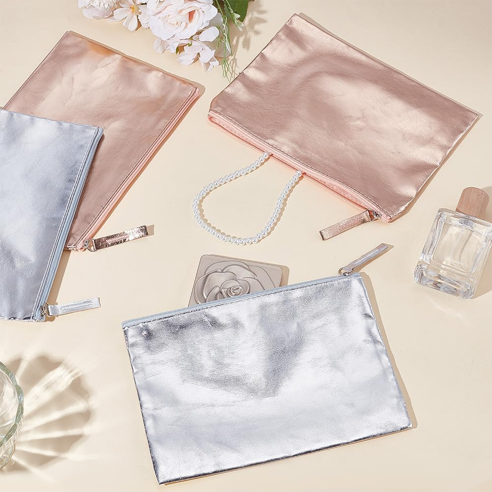 PLIGREAT 4 Pack Mini Makeup Bags, Silver Cosmetic Pouch with Zipper Small Champagne PU Travel Bag for Purse 21X15 Cm Waterproof Wristlet Wallet for Women Coin Key Holders, 2 Colors image number 3