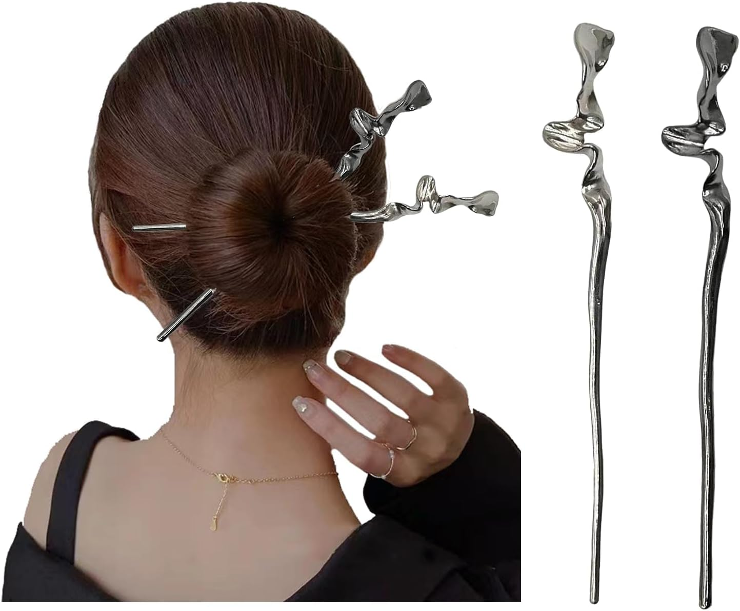 Kuskins 2 Pcs Vintage Hair Sticks for Women, Alloy Chinese Hairpin Set, Minimalist Curved Bun Sticks with Non Slip Grip, Bridal Hanfu Hair Jewelry & Everyday Updo Tools (Black+Silver) image number 6