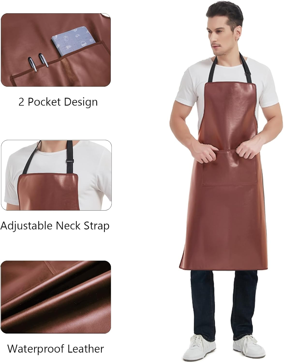 Funchaos Waterproof Apron, Heavy Duty Work Apron, Artificial Leather Apron Ideal for Chef,Butcher,Barber,Cleaning - Brown image number 4