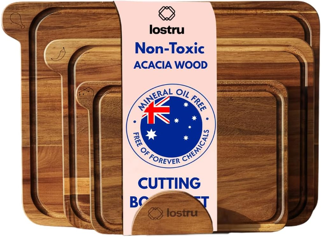 LOSTRU 3-Piece Non-Toxic Acacia Wood Cutting Board Set with Stand - FSC Certified Wooden Chopping Boards - Engraved Food-Safe Icons, Deep Juice Grooves, Kitchen Space-Saving Organizer, Multi-Size image number 2
