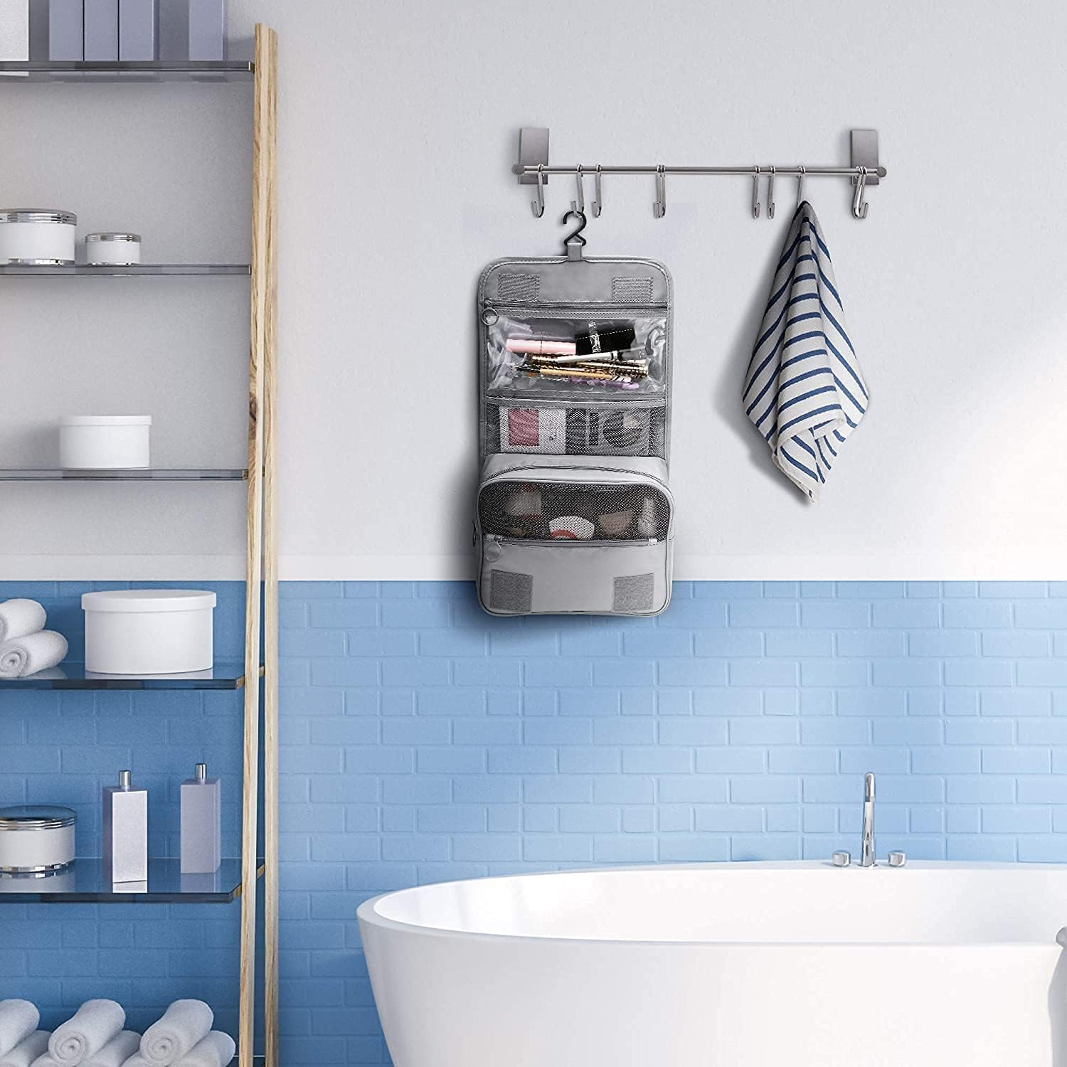 My Corgi Living Hanging Toiletry Bag with 2 Refillable Travel Size Perfume Bottle- Portable Travel Size Hanging Travel Makeup and Jewelry Organizer with Multiple Compartments for Men, Women (Grey) image number 4