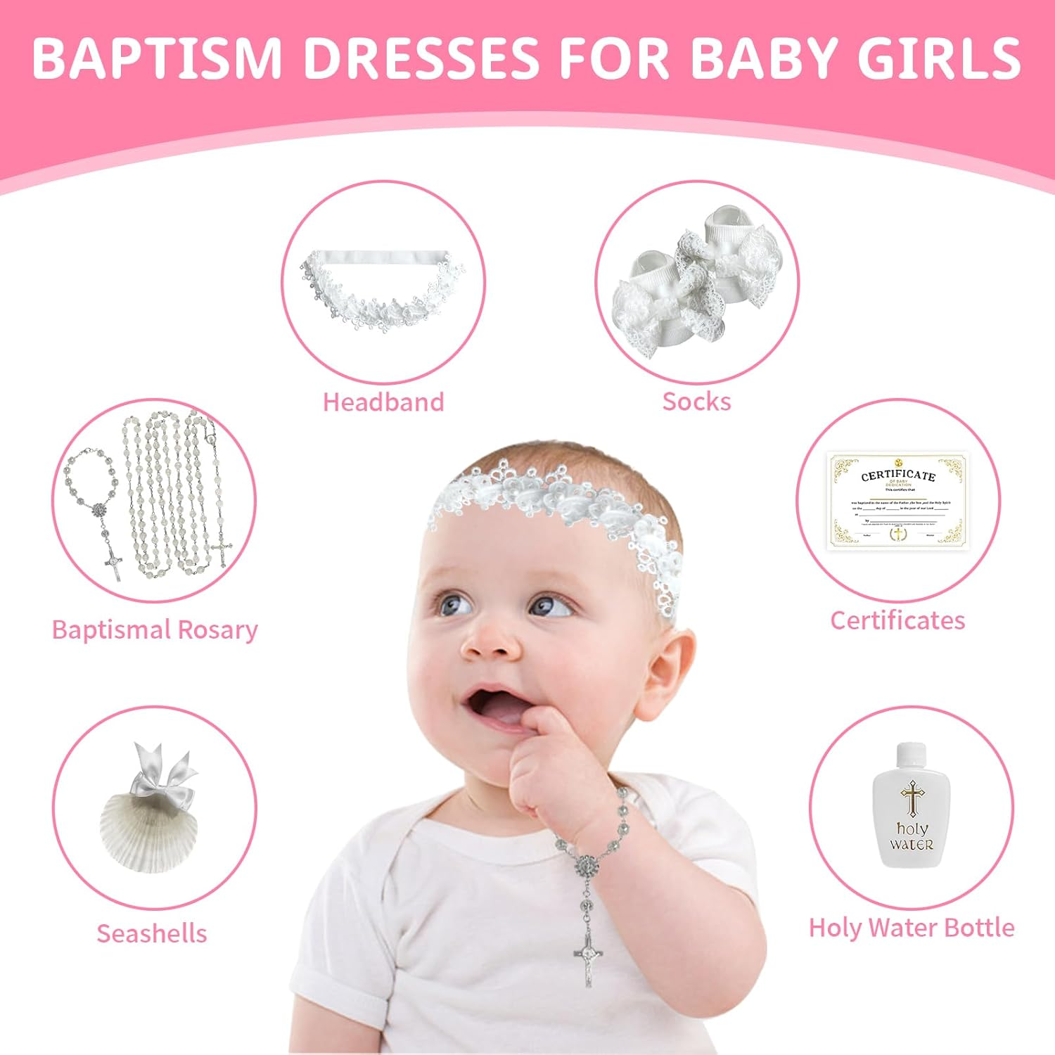 7Pcs Baby Girl Baptism Set, Baptism Socks Pearl Headband Cross Charm Rosary Certificate, Seashell, Holy Water Bottle, First Communion Gift image number 3