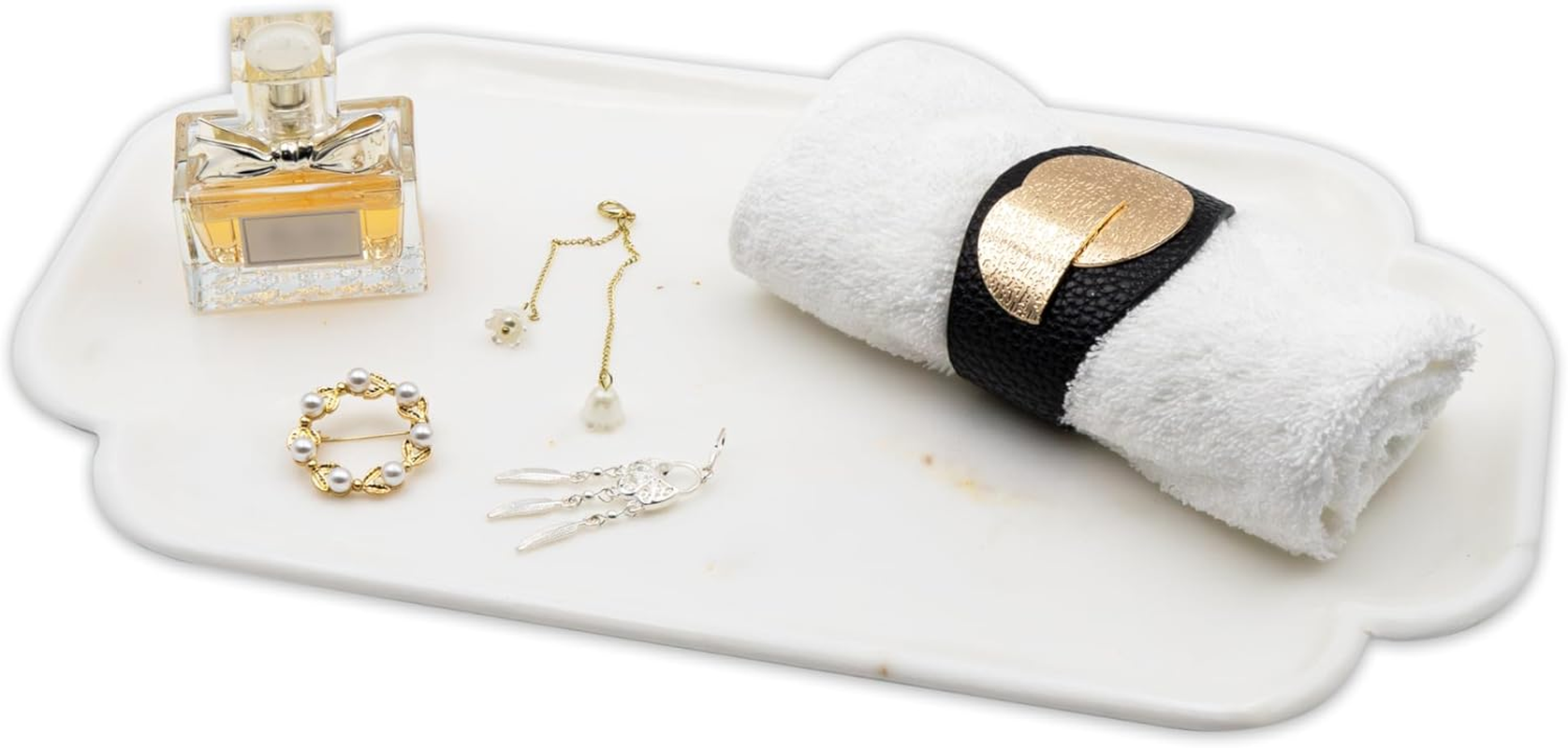 Marmor 100% Natural Marble Bathroom Tray for Perfume, Candles, Jewelry Stone Vanity, Bathroom & Kitchen Counter Organizer and Home Decor (Calacatta Gold Marble Grid Plate)