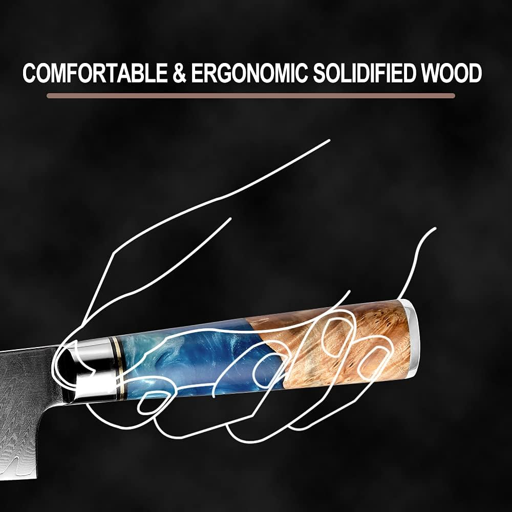 Chef Knife Damascus Japanese 8 Inch VG10 Kitchen Knife 67-Layer Damascus Steel Pro Ergonomic Superb Sharp Edge Gyuto Chef Knife[Gift Box]-Blue Resin Handle image number 3