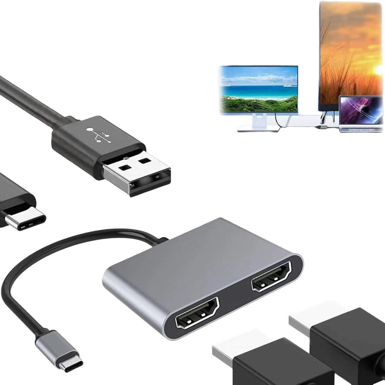 Jeyzuroa 4 in 1 USB C to Dual HDMI Adapter 4K@30Hz, Dual HDMI Adapter for 2 Monitors with 87W PD Charging, USB-A 3.0 Port, for Macbook Pro Air, HP, Dell, Iphone 15 Series image number 3