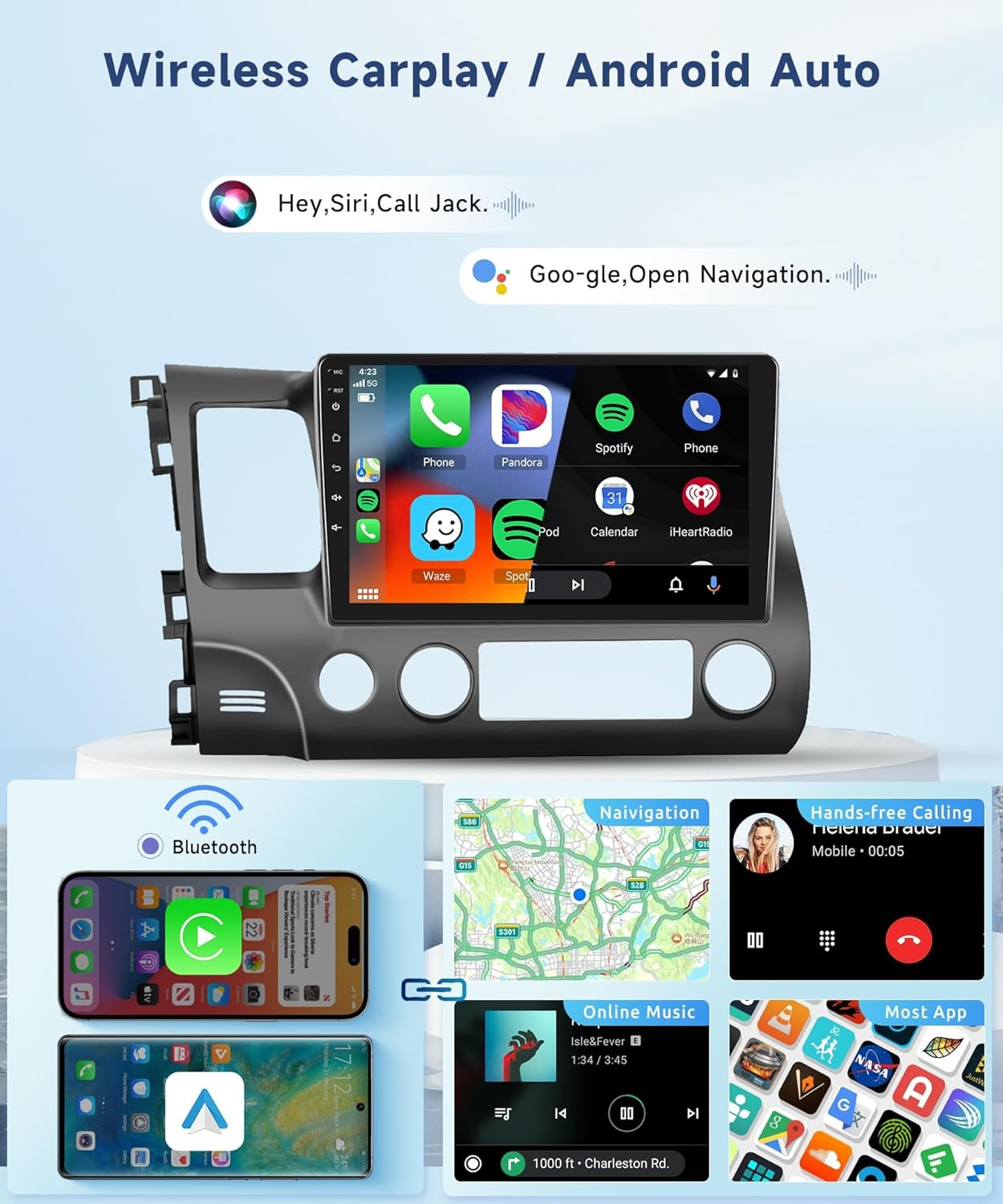 2G+32G Car Stereo for Honda Civic 2006 2007 2008 2009 2010 2011 with Wireless Carplay Android Auto, 10.1" Touchscreen Android Car Radio Support Bluetooth Wifi GPS USB Mirror Link Backup Camera image number 4