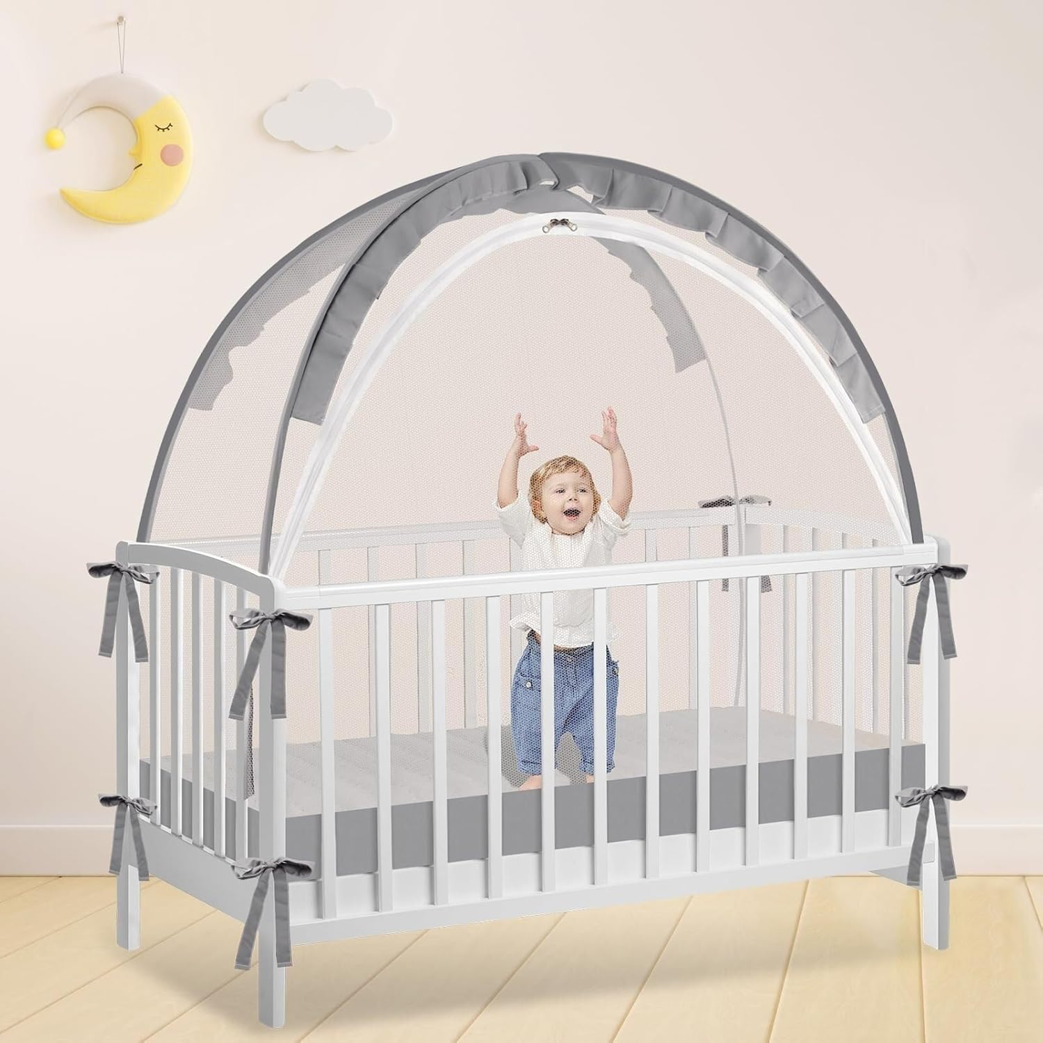 Safety Pop up Crib Tent, Fine Mesh Netting Cover to Keep Baby from Climbing Out, Falls and Mosquito Bites, Safety Net, Canopy Netting Cover - Sturdy & Stylish Infant Crib Topper, Baby Bed Tent(Grey La image number 5