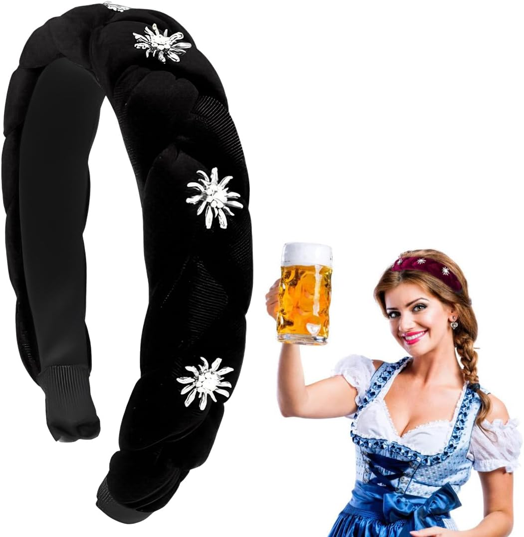 WUSJCOF Costume Headband Women'S Edelweiss Braided Velvet Headband as Dirndl Hair Accessories for Oktoberfest and Oktoberfest (Black) image number 4