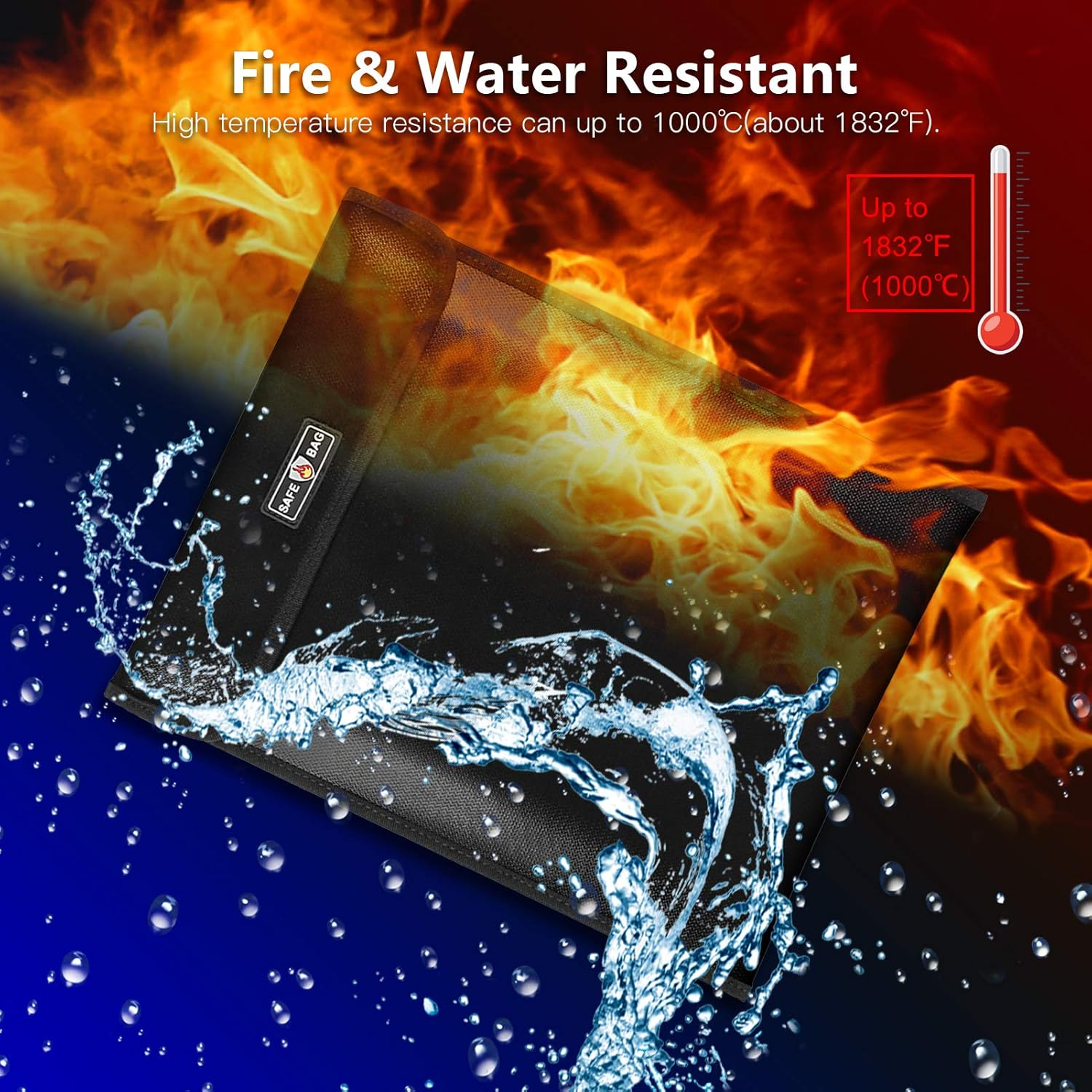 Fireproof Document Bag 13.4 10.8In Durable Safe Storage Pouch for Cash File Documents Jewelry Passport Valuables Black Silver Home Office Use (Black)