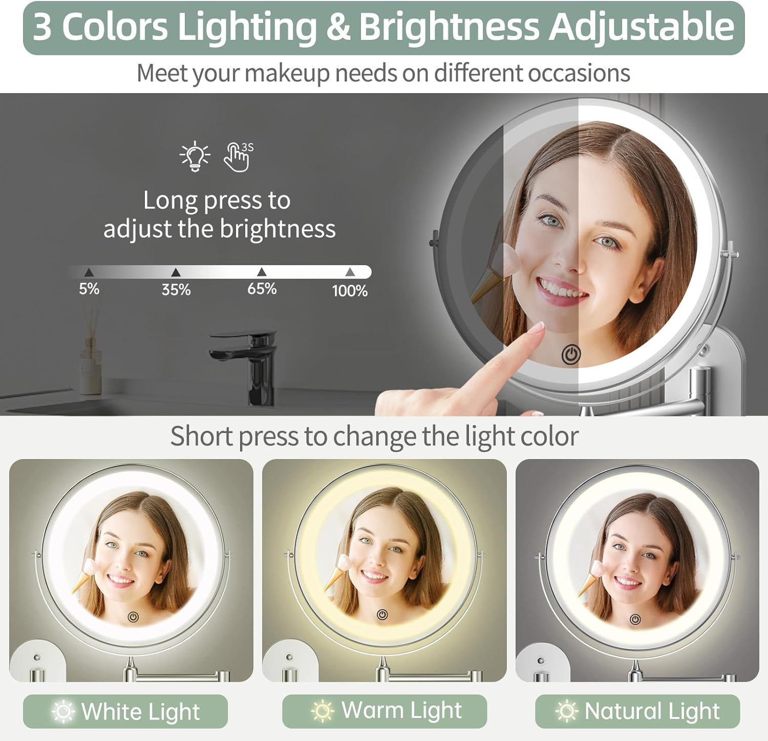 Rechargeable Wall Mounted Lighted Makeup Vanity Mirror 8 Inch 1X/10X Magnifying Bathroom Mirror with 3 Color Lights, Double Sided with Dimmable LED Lights, Extended Arm 360&deg; Swivel Extension Mirror
