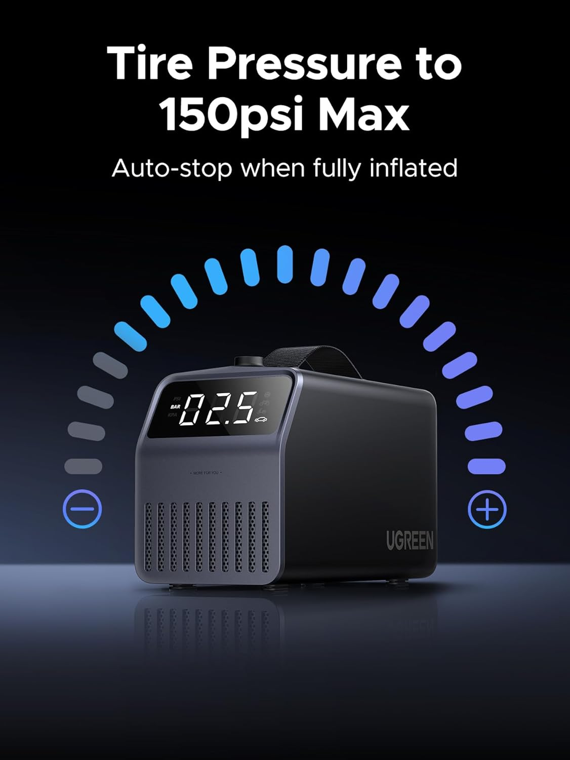 UGREEN Car Tyre Inflator Portable Air Compressor, [150 PSI] [4X Faster] DC 12V 120W Air Pump with Digital Tyre Pressure Gauge and LED Light, Mode Fast Inflation for Cars, Bikes, Motorbikes, Balls image number 2