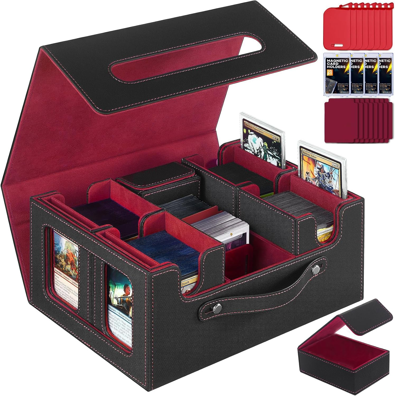 Cyperever Trading Card Storage Box for MTG, Card Storage Box with Commander Display, Multi-Purpose MTG Deck Box for Graded Storage with 4 Toploaders, 8 Stoppers, 8 Dividers (Black & Red) image number 1