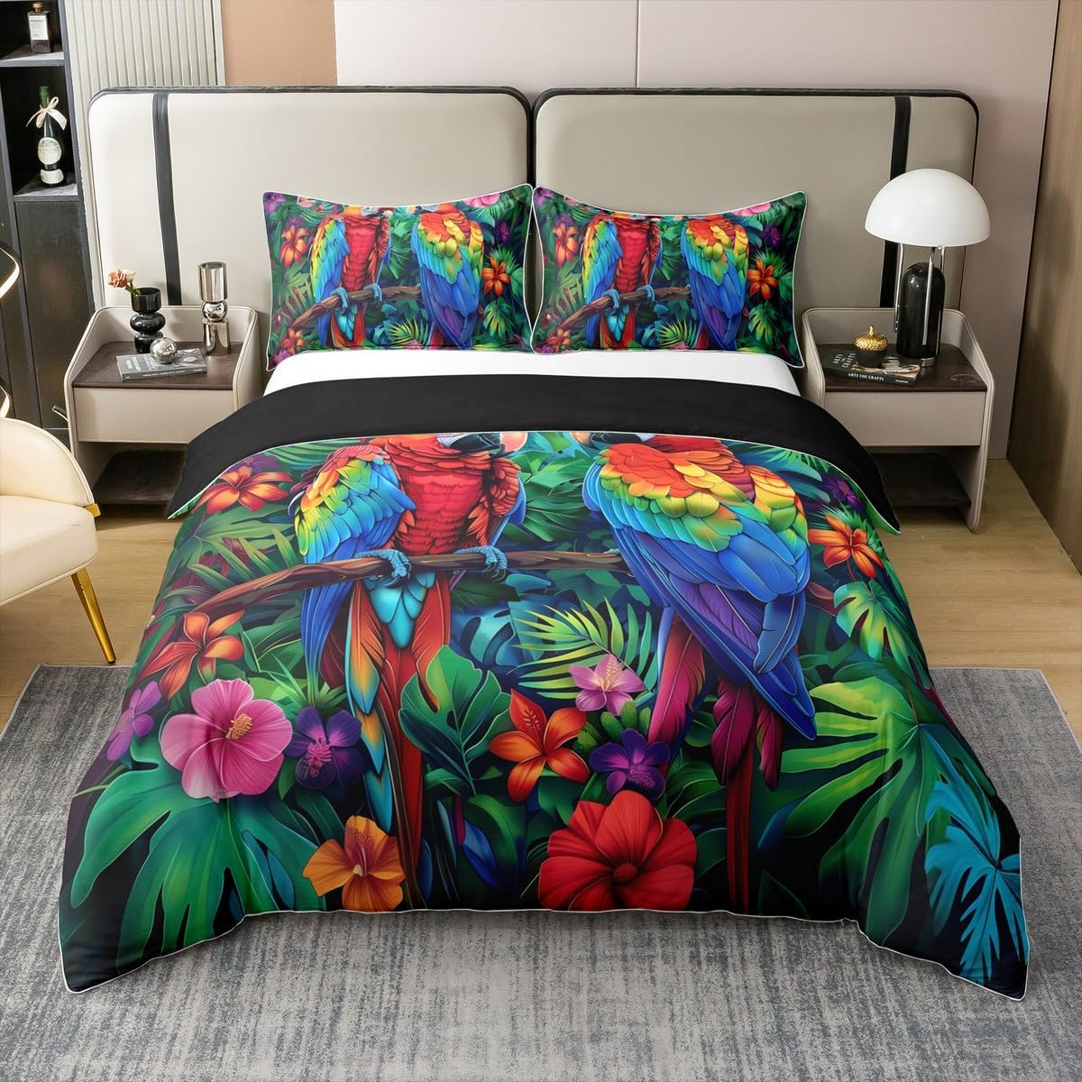 Parrot 100% Cotton Bed Linen Set, Colourful Animals Tropical Jungle Duvet Cover 135 X 200 Cm for Children, Boys, Girls, Teenagers, Palm Leaves, Flowers, Natural Duvet Cover with 1 Pillowcase Bed Set image number 4