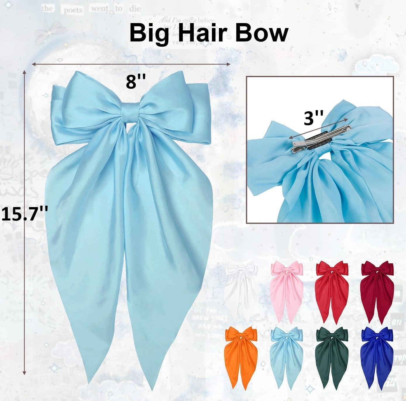 Hair Bows for Women Clips Big Hair Bow Ribbon, Long Silky Satin Ribbon Bows for Oversized,Light Blue Large Hairbow Barrettes Coquette Hair Accessories for Women Girls Aesthetic - Blue image number 6