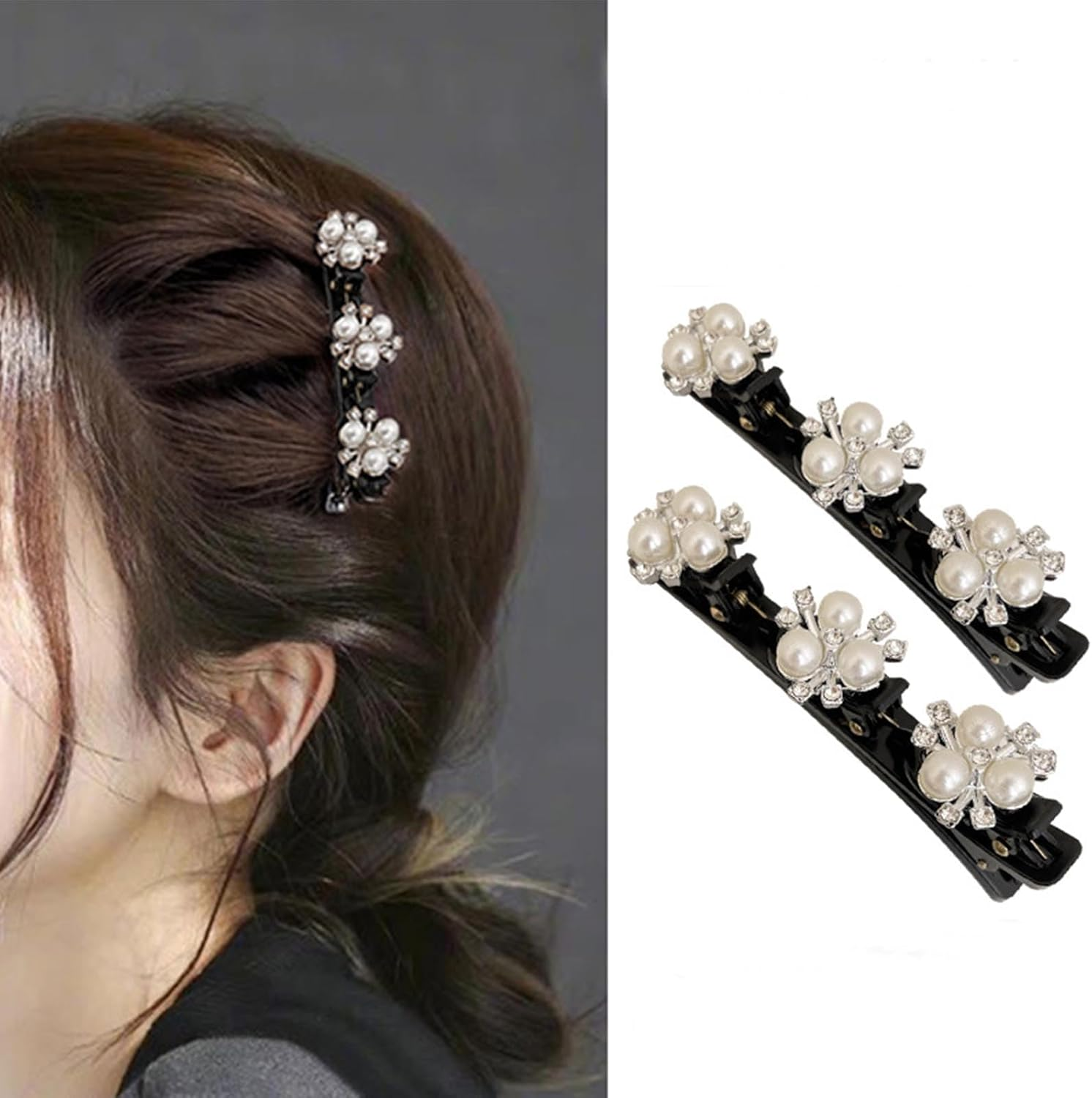 Braided Hair Clips with Sparkling Crystal Stone and 3 Small Clips Beaded Hairpin Duck Bill Clip Braided Hair Clip with Rhinestones for Women as a Gift (Style:B) image number 5