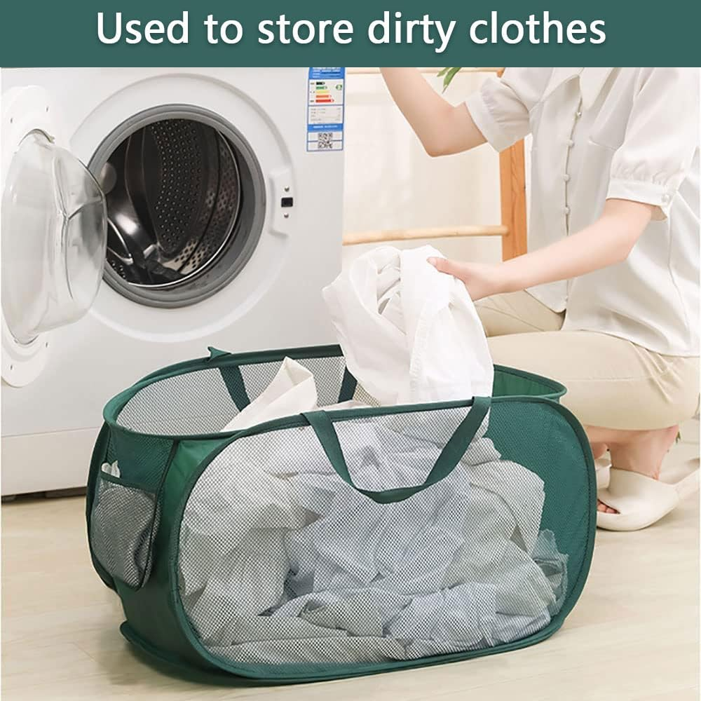 2 Pack Foldable Pop up Mesh Laundry Hampers Large Green Laundry Baskets with Handles and Side Pocket for Clothes Toys and Home Storage image number 6