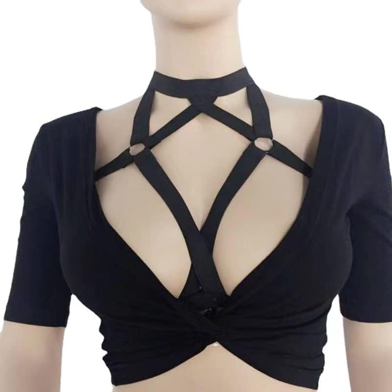 Worldtree Women Harness Elastic Band Lingerie Cupless Cage Bra Punk Gothic Hollow Out Rave Dance Apparel Black image number 3