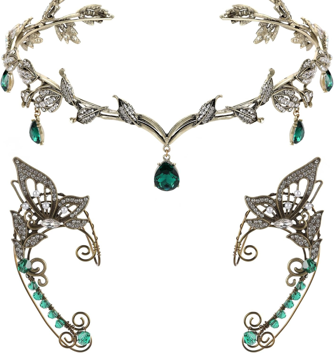 FRESHME Elf Ear Cuffs and Crown - Fairy Crown and Non Pierced Fairy Ear Cuffs Renaissance Renfaire Cosplay Accessories