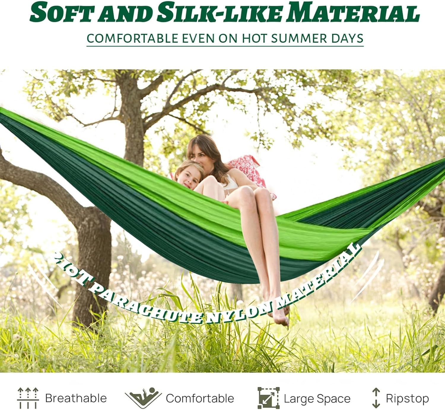 Ultralight Travel Camping Hammock | 450 Lbs Load Capacity, Breathable, Quick-Drying Parachute Nylon | 2 X Premium Carabiners, 2 X Nylon Slings Included | Suitable for Outdoor and Indoor Gardens image number 2
