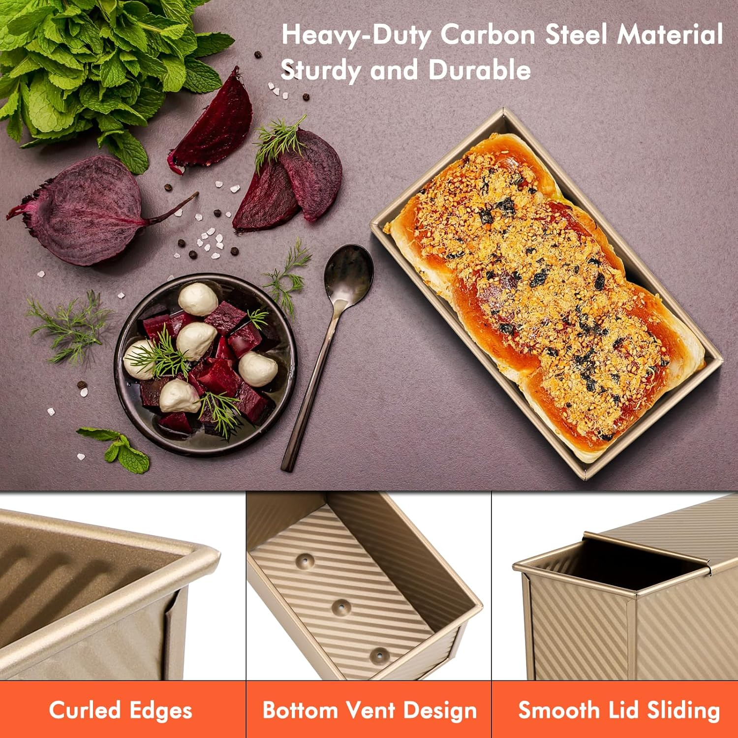 Beasea Pullman Loaf Pan 2 Pack, 1 Lb Non-Stick Bread Pan with Lid Carbon Steel Gold Toast Box Mold with Cover for Bakeware Bread, Baking Tools for Oven Baking image number 4