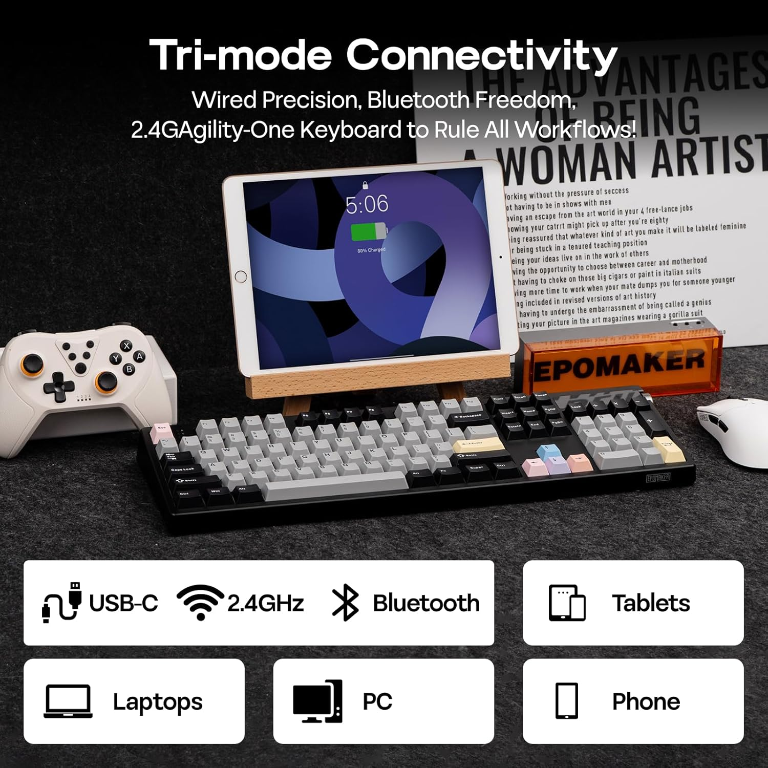 EPOMAKER TH108 PRO Full Size Mechanical Keyboard with Screen & Knob, Wireless Gaming Keyboard with 10000Mah, Creamy Gasket, Hot Swap, Custom Driver, RGB Backlight (Black, Creamy Jade) image number 5