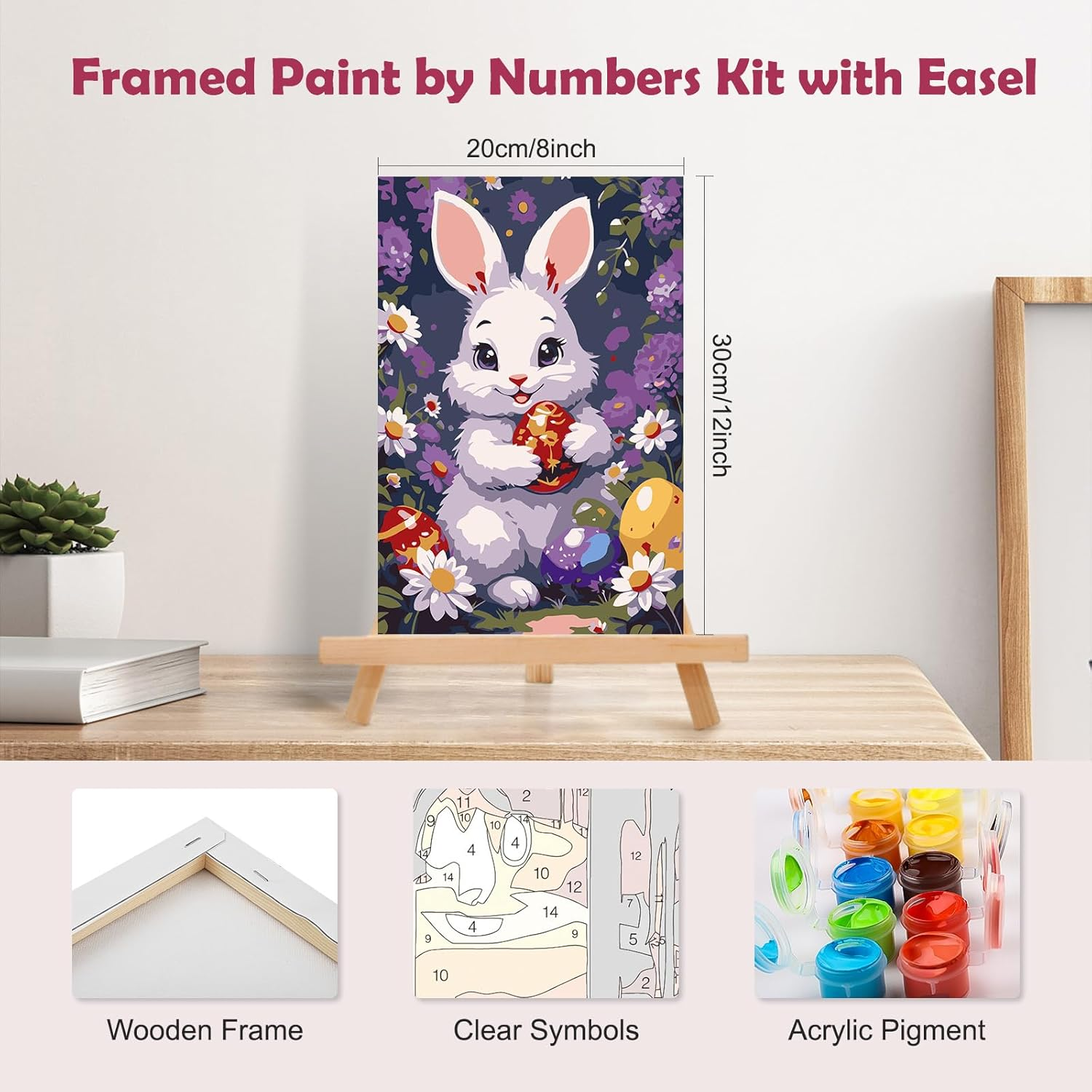 MOGTAA Easter Rabbit Painting by Numbers Adults with Frame, Easter Eggs Painting by Numbers with Wooden Easel, DIY Flower Oil Painting Canvas Set, Acrylic Painting Pictures for Home Decor, 20 X 30 Cm image number 1