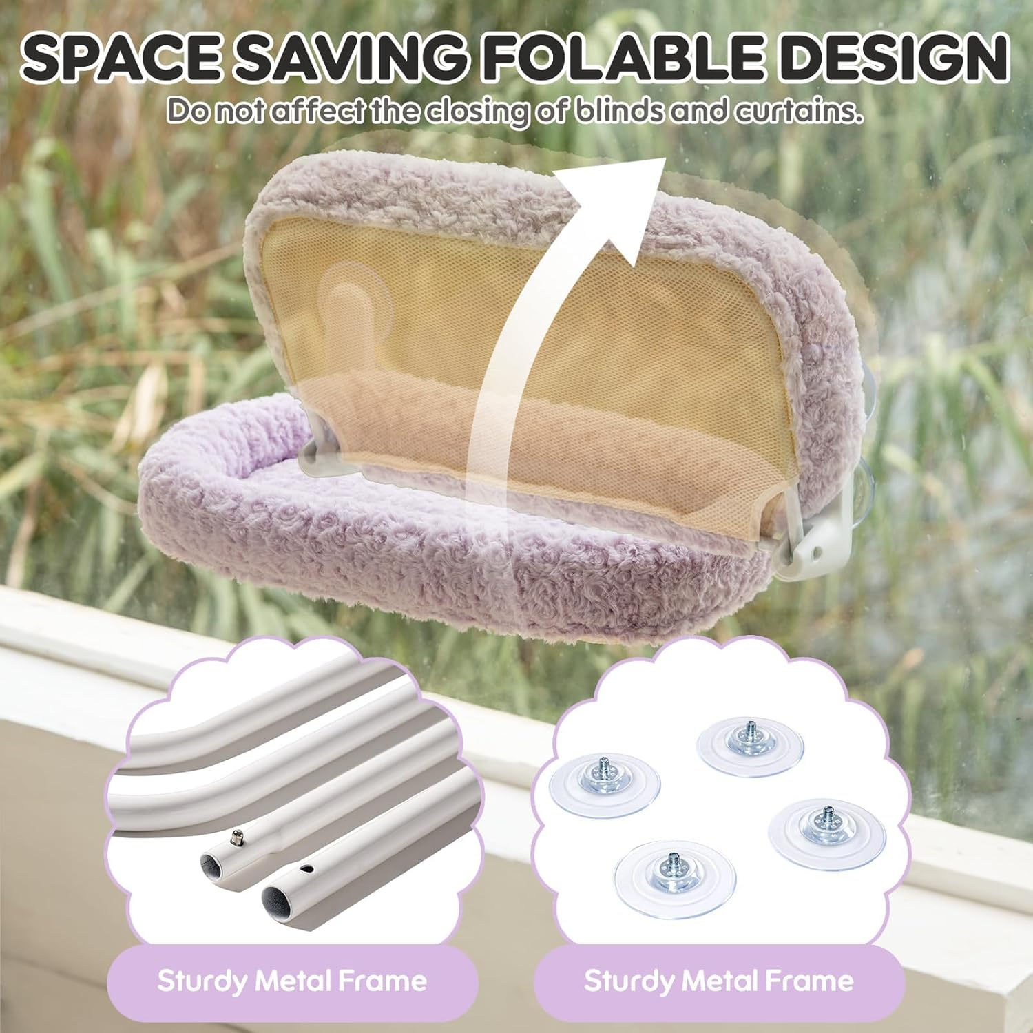 Cat Window Bed & Hammock Perch for Indoor Cats - Foldable Reversible Window Bed, Cat Window Hammock with Upgrade Strong Suction Cups, Sturdy Holds up to 18Kg (Purple, M) image number 5