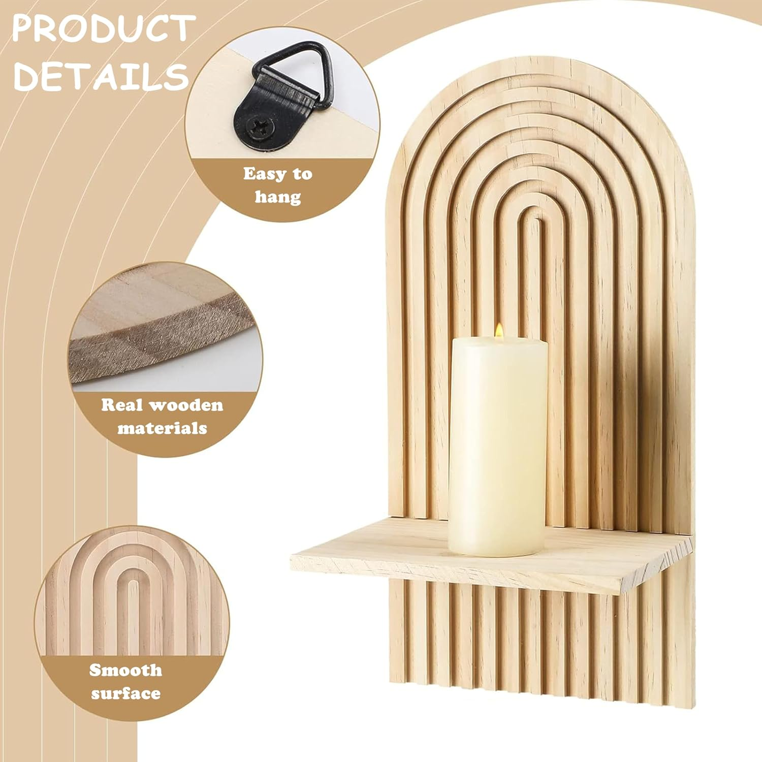 2Pcs Wall Mounted Shelves,Hanging Candle Sconce,Boho Style Display Shelf,Pine Wall Shelf,Wall Shelves Candle Holders,For Living Room Bathroom Bedroom Classroom Office Nursery,Wall Decor image number 1