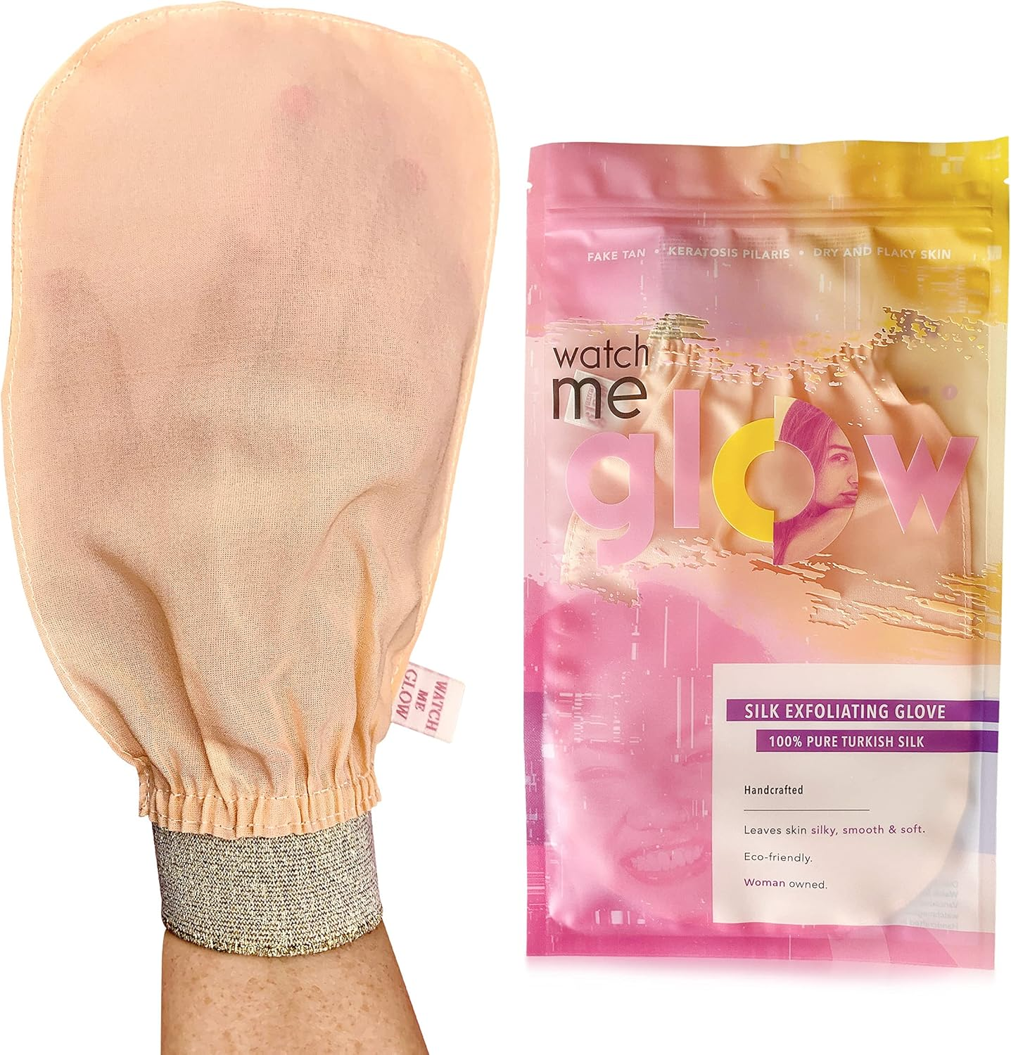 WATCH ME GLOW Silk Exfoliating Glove 100% Turkish Silk DEEP EXFOLIATING Body Scrubber Dead Skin Removal Body Exfoliator SMOOTHS SKIN and Keratosis Pilaris Exfoliating Mitt image number 1